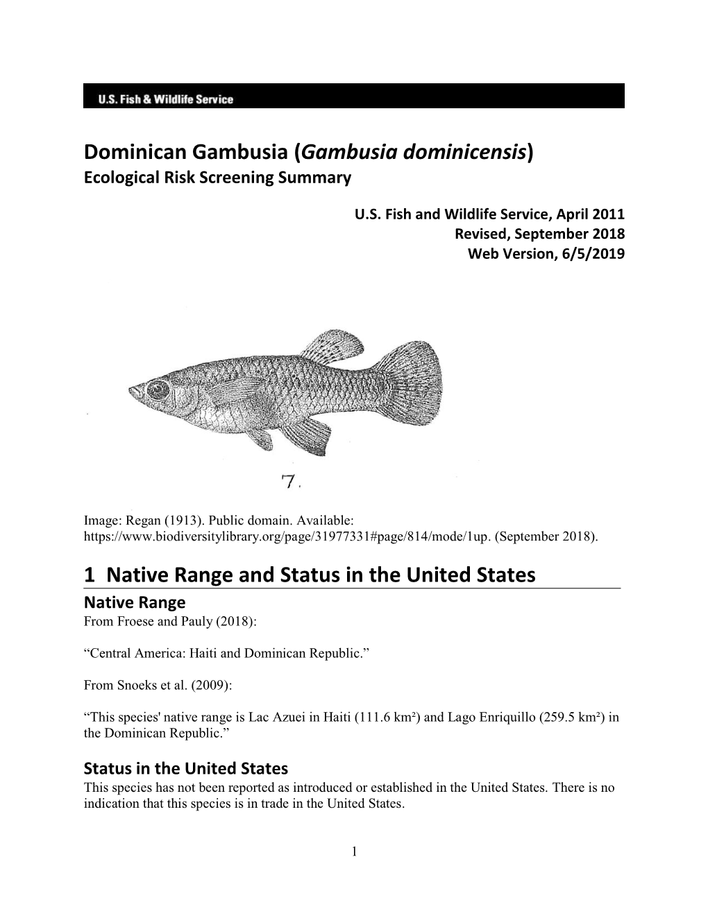 Gambusia Dominicensis) Ecological Risk Screening Summary