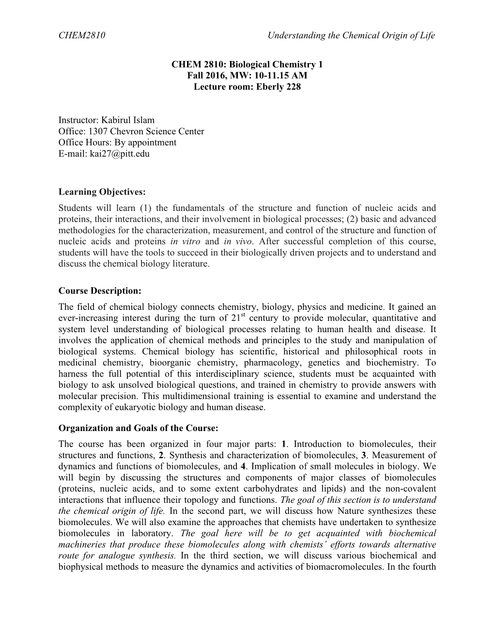 CHEM2810 Understanding the Chemical Origin of Life CHEM 2810