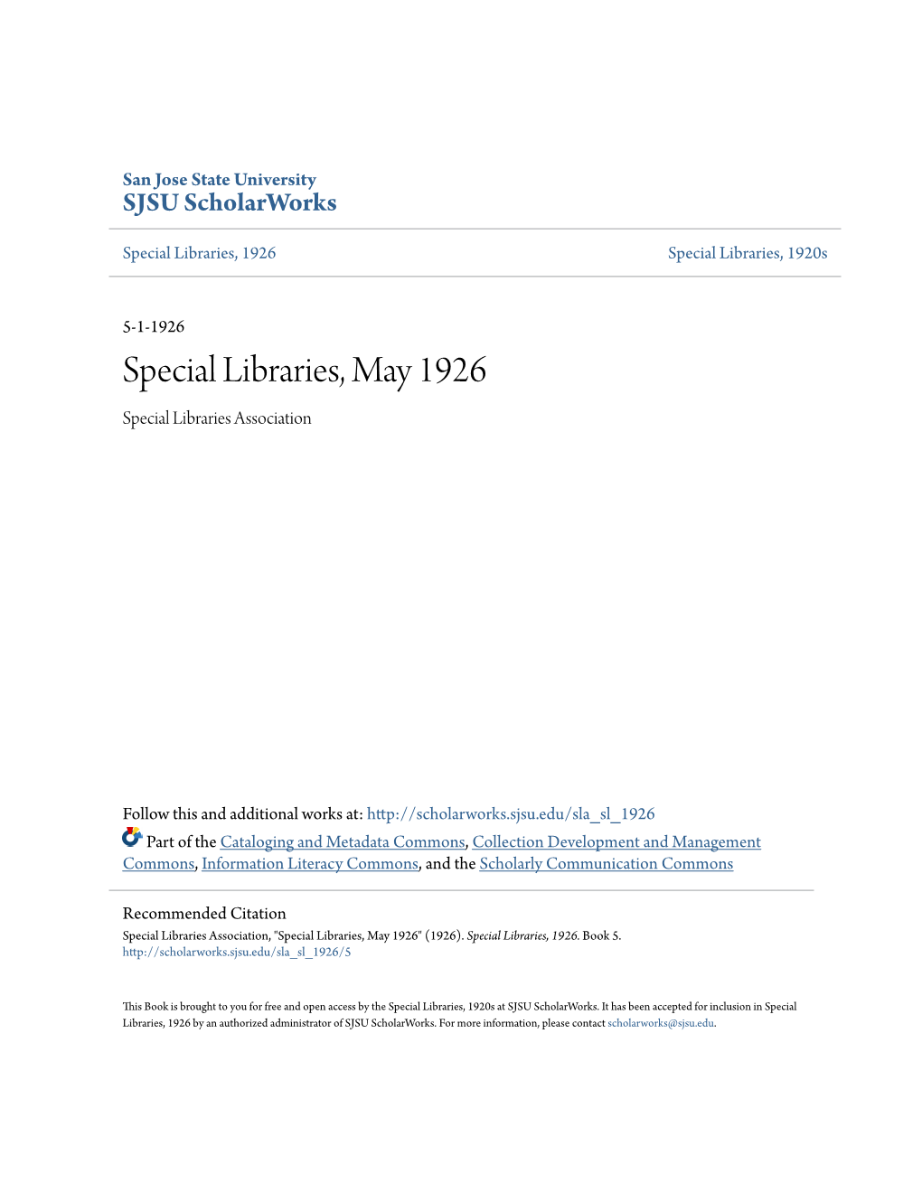 Special Libraries, May 1926 Special Libraries Association