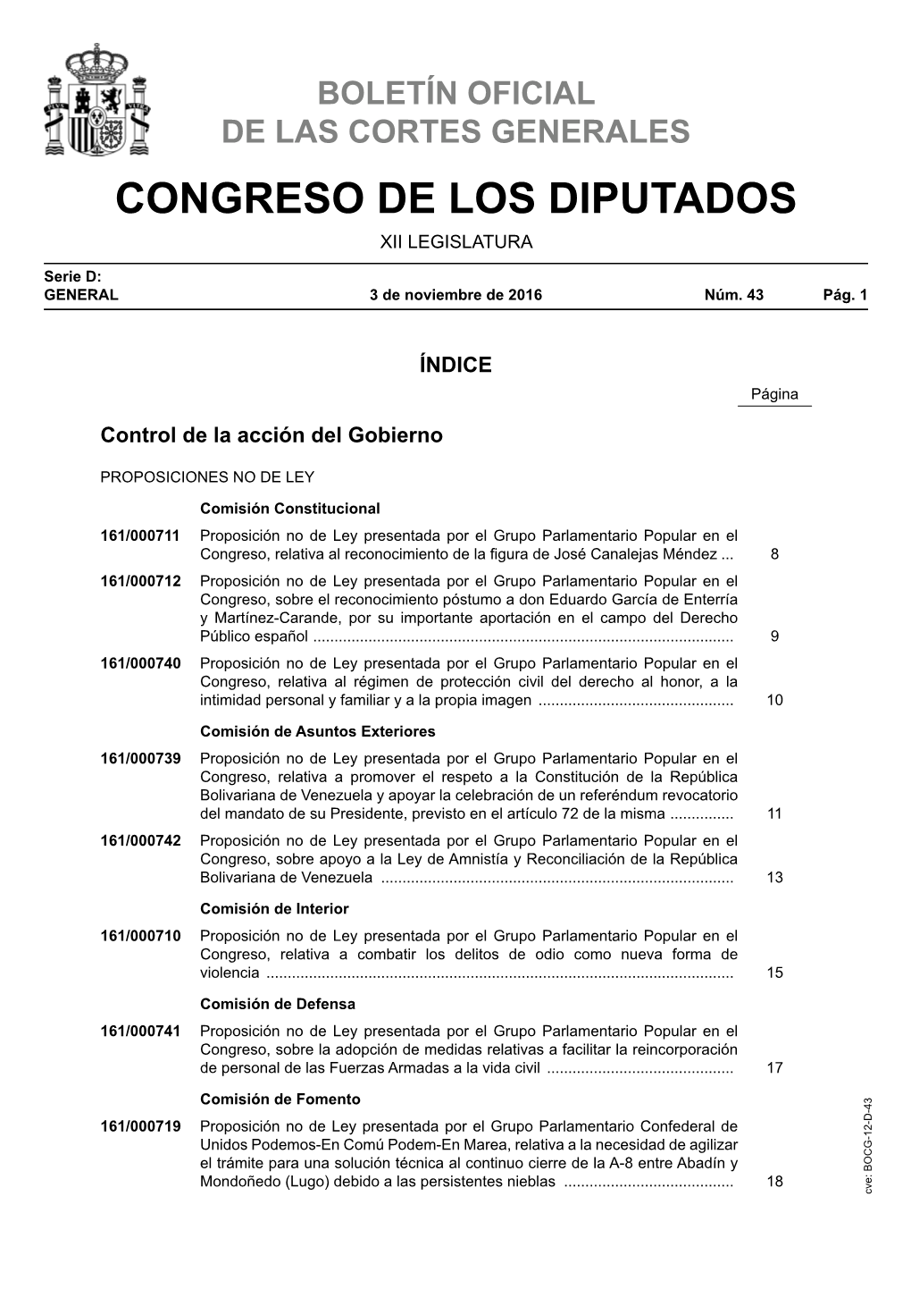 Boletín Oficial De Las Cortes Generales Serie D: General