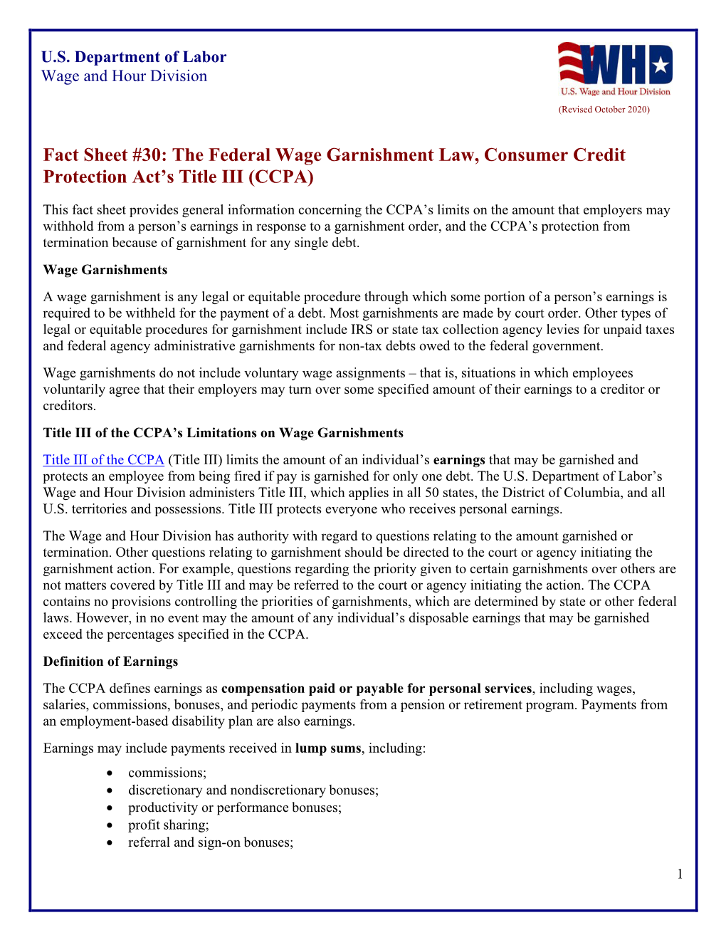 Fact Sheet #30: the Federal Wage Garnishment Law, Consumer Credit Protection Act’S Title III (CCPA)