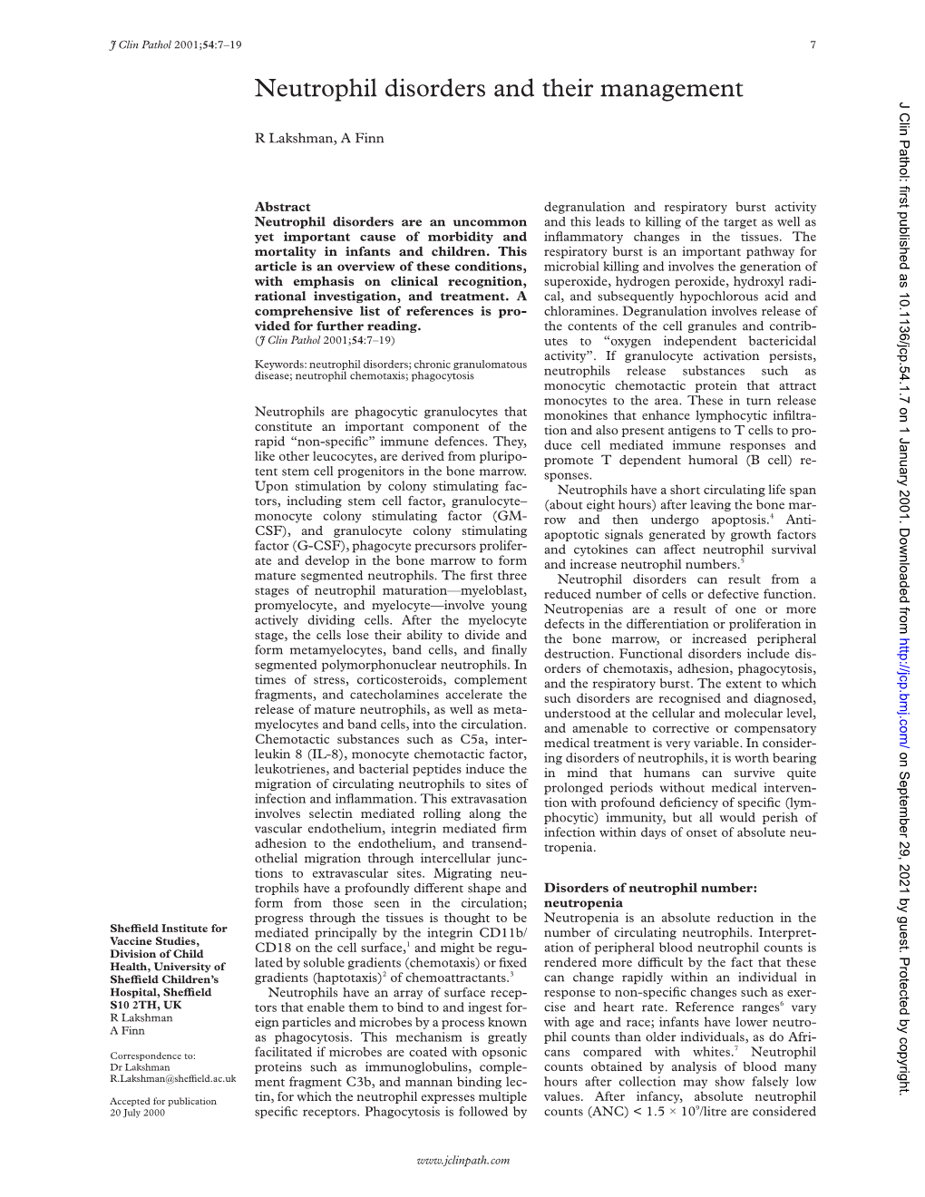 Neutrophil Disorders and Their Management J Clin Pathol: First Published As 10.1136/Jcp.54.1.7 on 1 January 2001