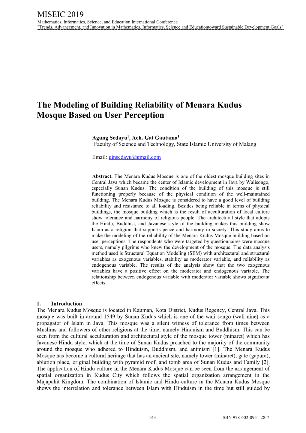The Modeling of Building Reliability of Menara Kudus Mosque Based on User Perception
