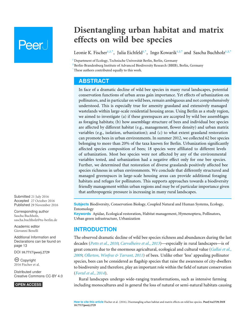 Disentangling Urban Habitat and Matrix Effects on Wild Bee Species