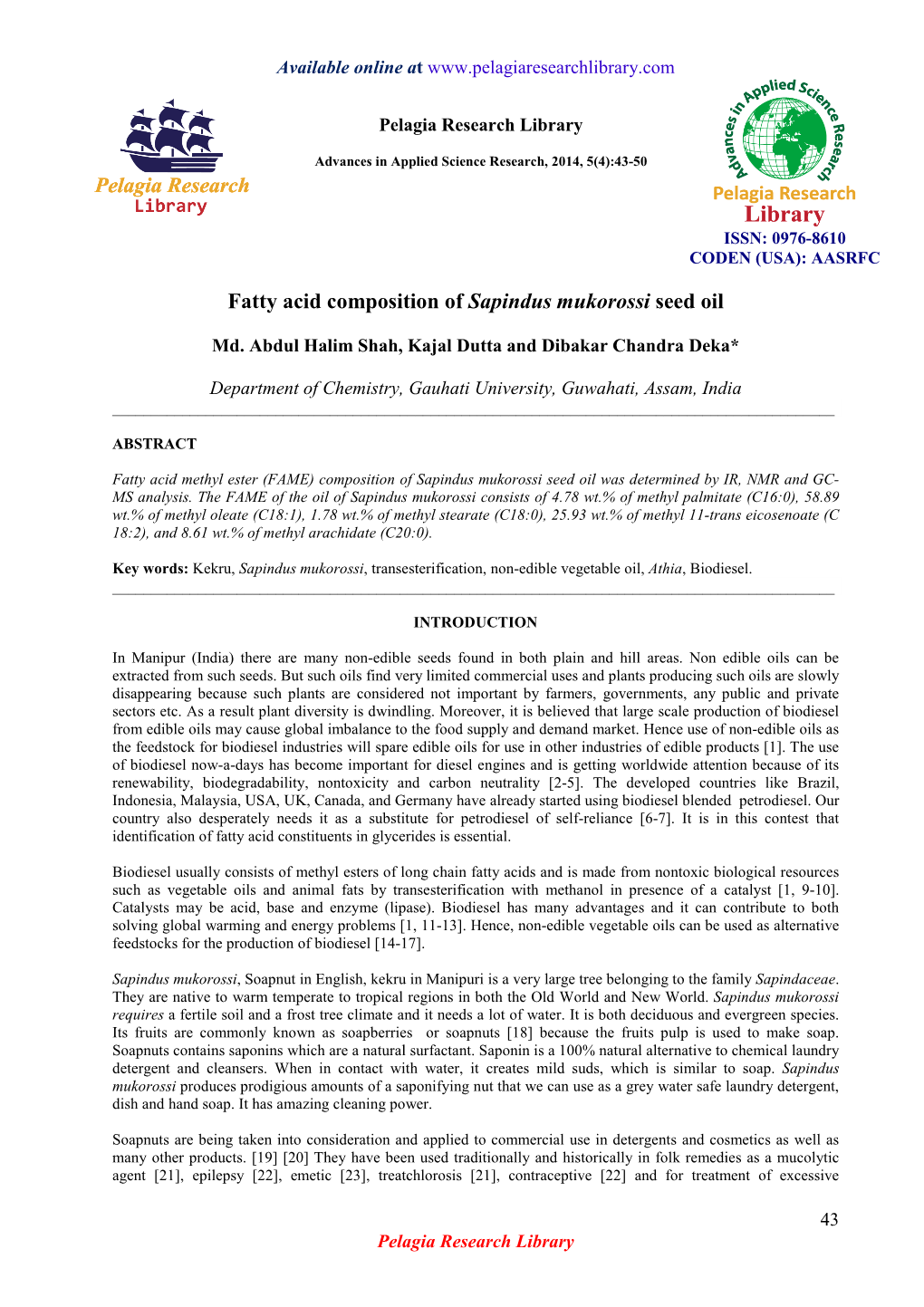 Fatty Acid Composition of Sapindus Mukorossi Seed Oil