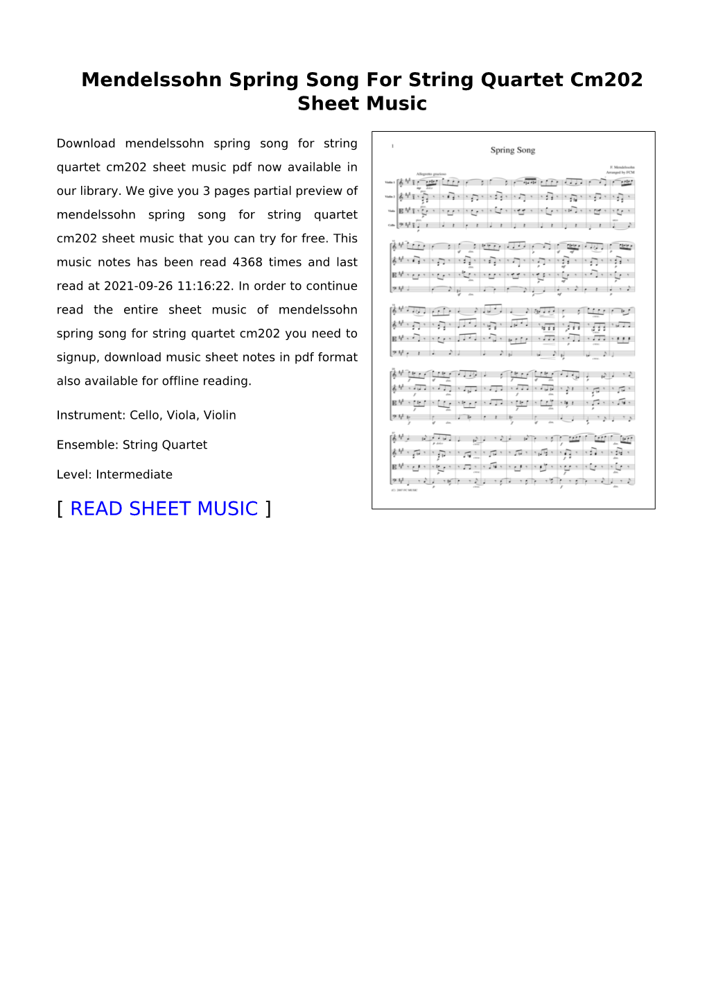 Mendelssohn Spring Song for String Quartet Cm202 Sheet Music