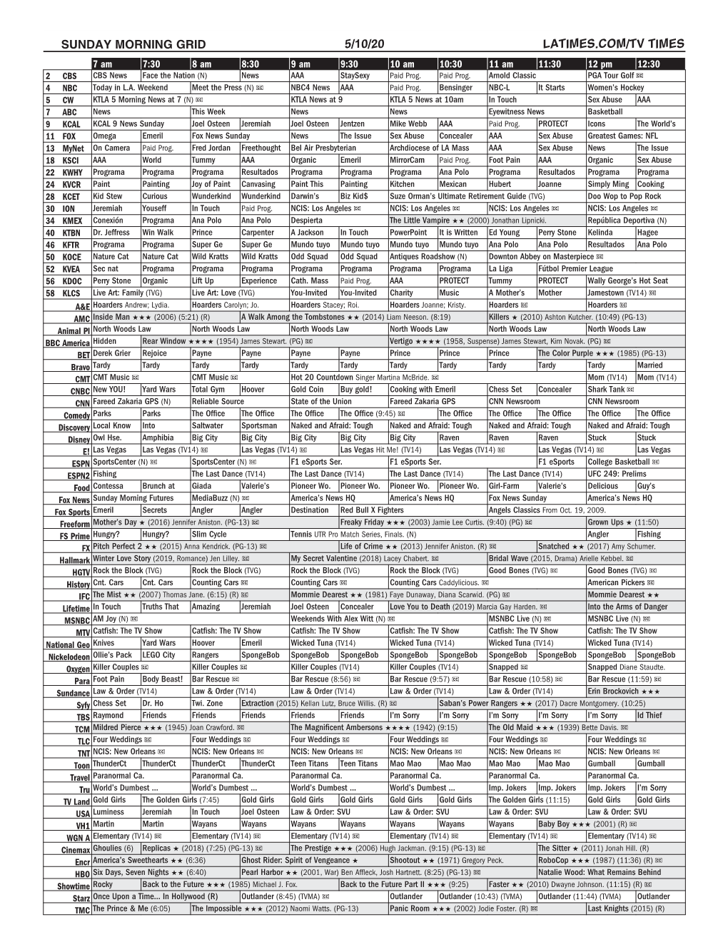 Sunday Morning Grid 5/10/20 Latimes.Com/Tv Times