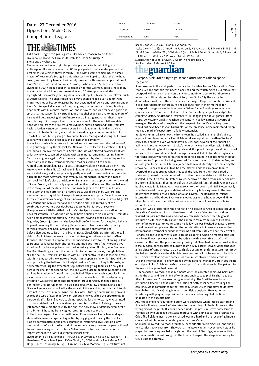 27 December 2016 Opposition: Stoke City Competition