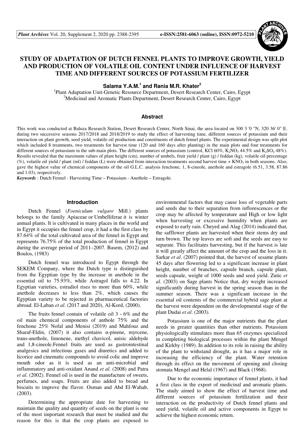 Study of Adaptation of Dutch Fennel Plants to Improve Growth, Yield