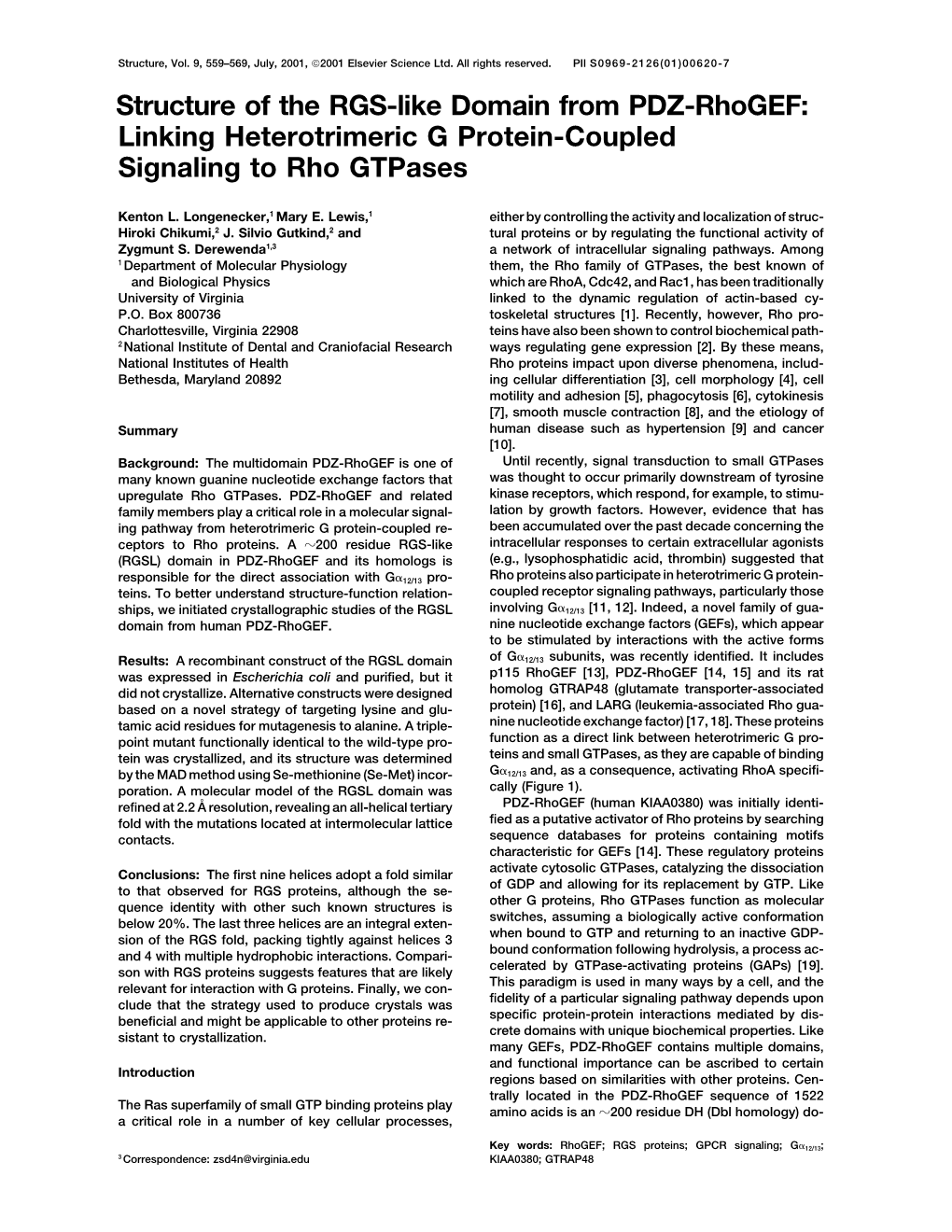 Structure of the RGS-Like Domain from PDZ-Rhogef: Linking Heterotrimeric G Protein-Coupled Signaling to Rho Gtpases