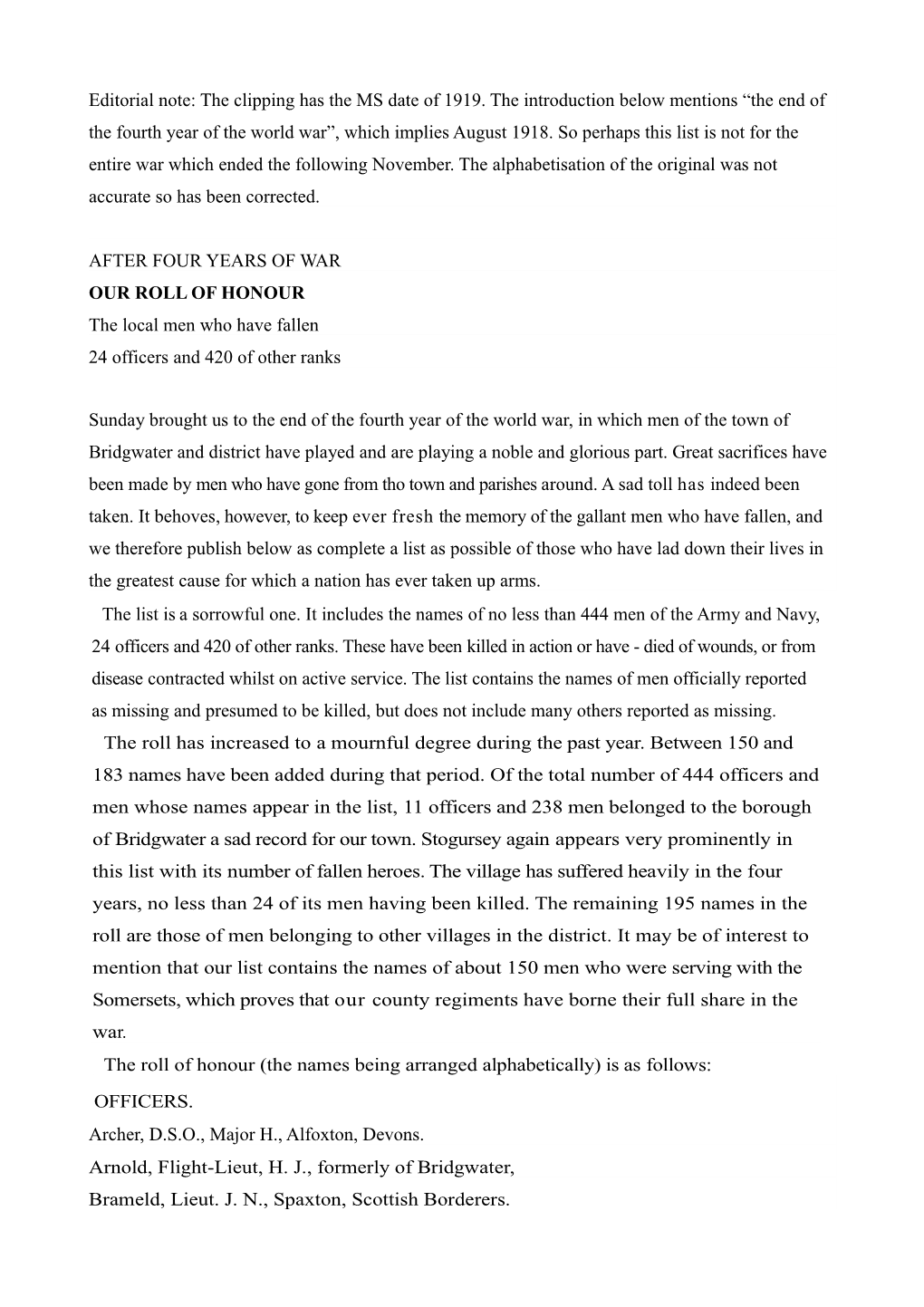 Editorial Note: the Clipping Has the MS Date of 1919. the Introduction Below Mentions “The End of the Fourth Year of the World War”, Which Implies August 1918