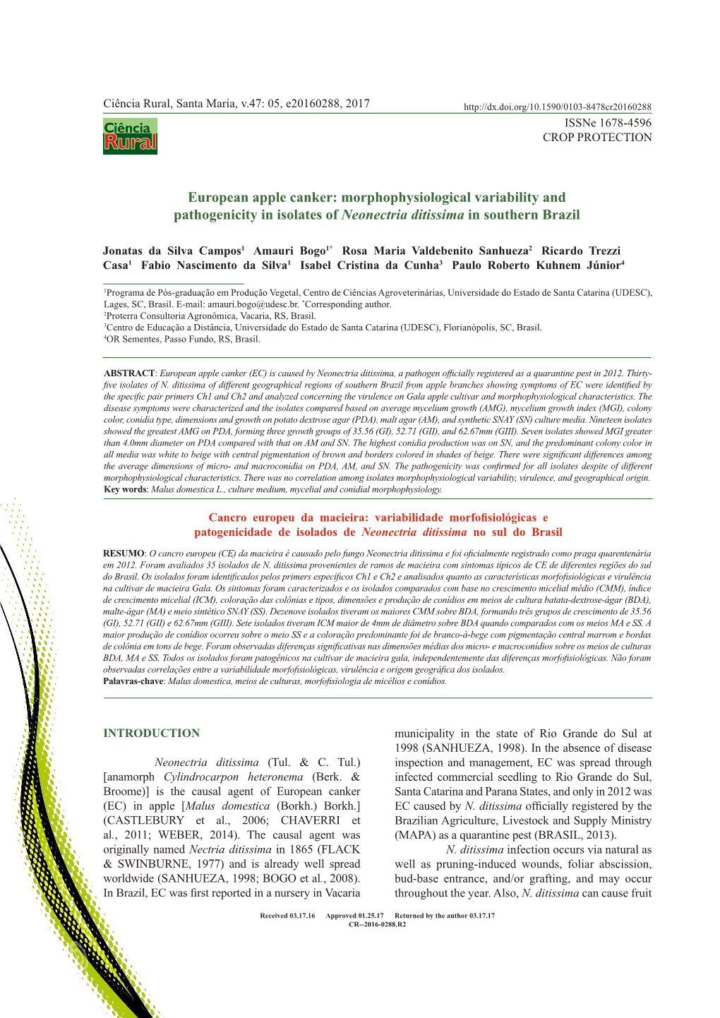 European Apple Canker: Morphophysiological Variability and Pathogenicity in Isolates of Neonectria Ditissima in Southern Brazil