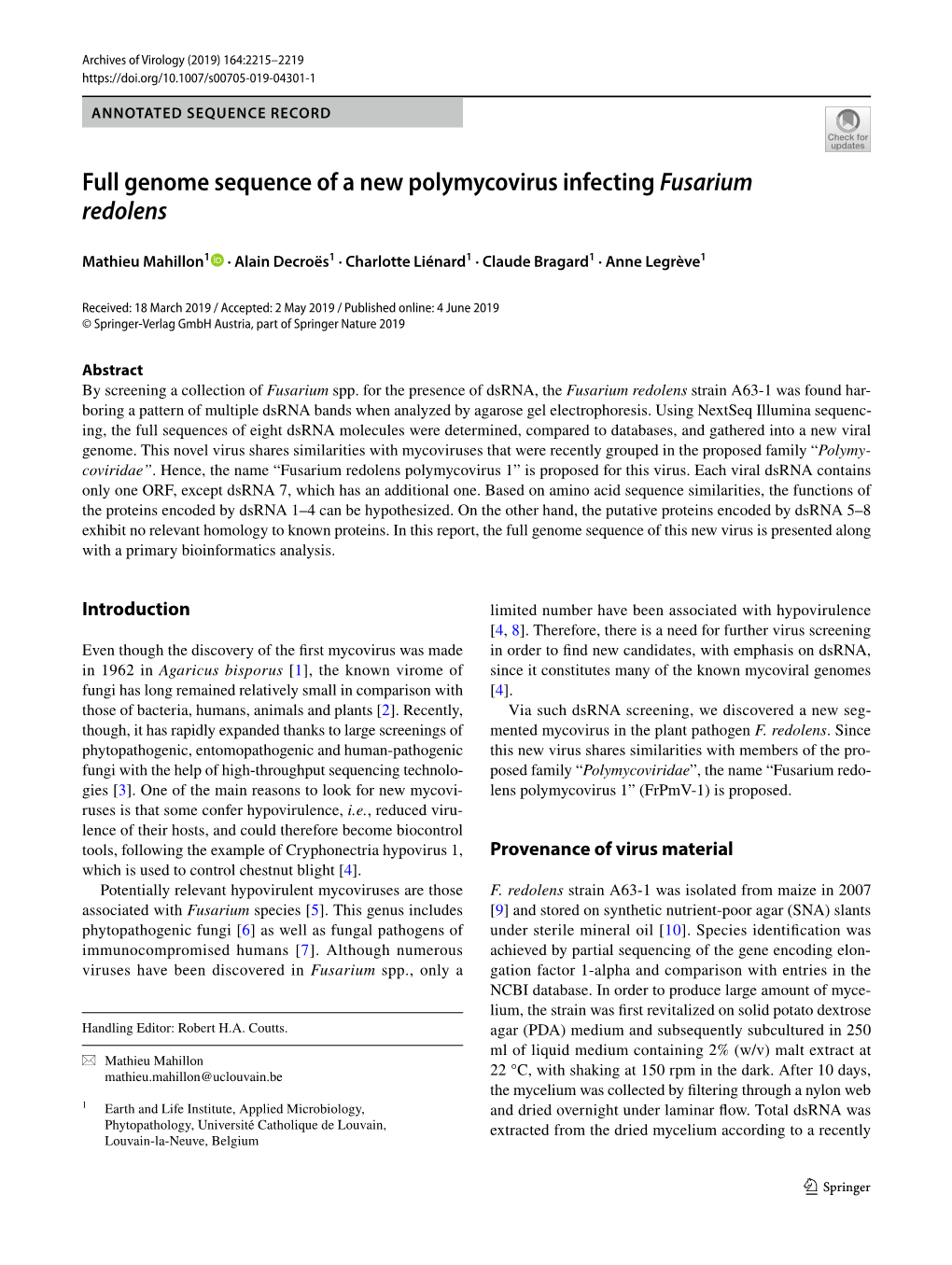 Full Genome Sequence of a New Polymycovirus Infecting Fusarium Redolens