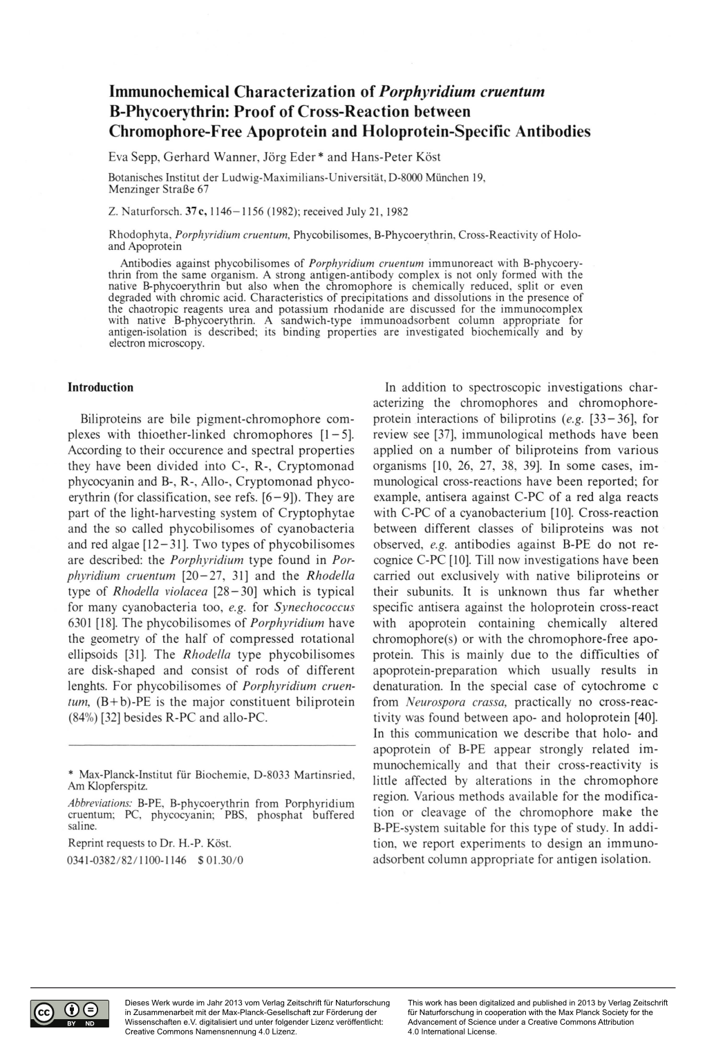 Immunochemical Characterization of Porphyridium Cruentum B-Phycoerythrin