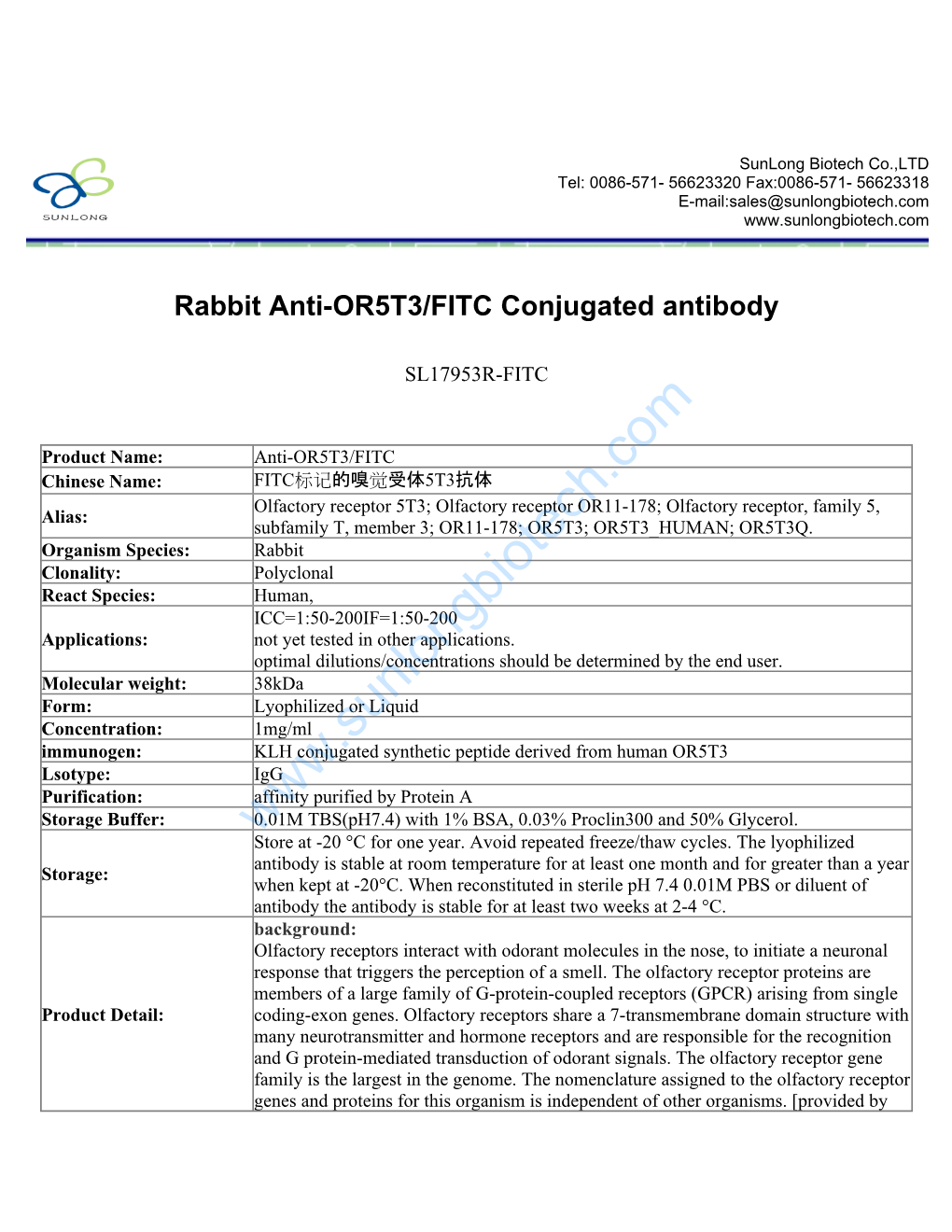 Rabbit Anti-OR5T3/FITC Conjugated Antibody-SL17953R-FITC