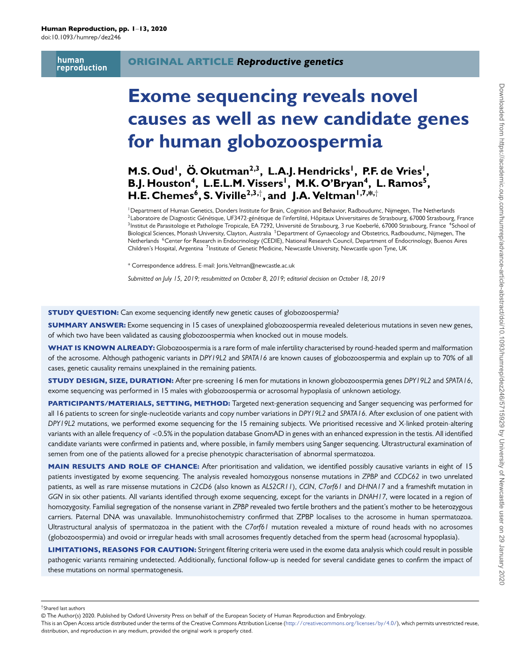 Exome Sequencing Reveals Novel Causes As Well As New Candidate Genes for Human Globozoospermia