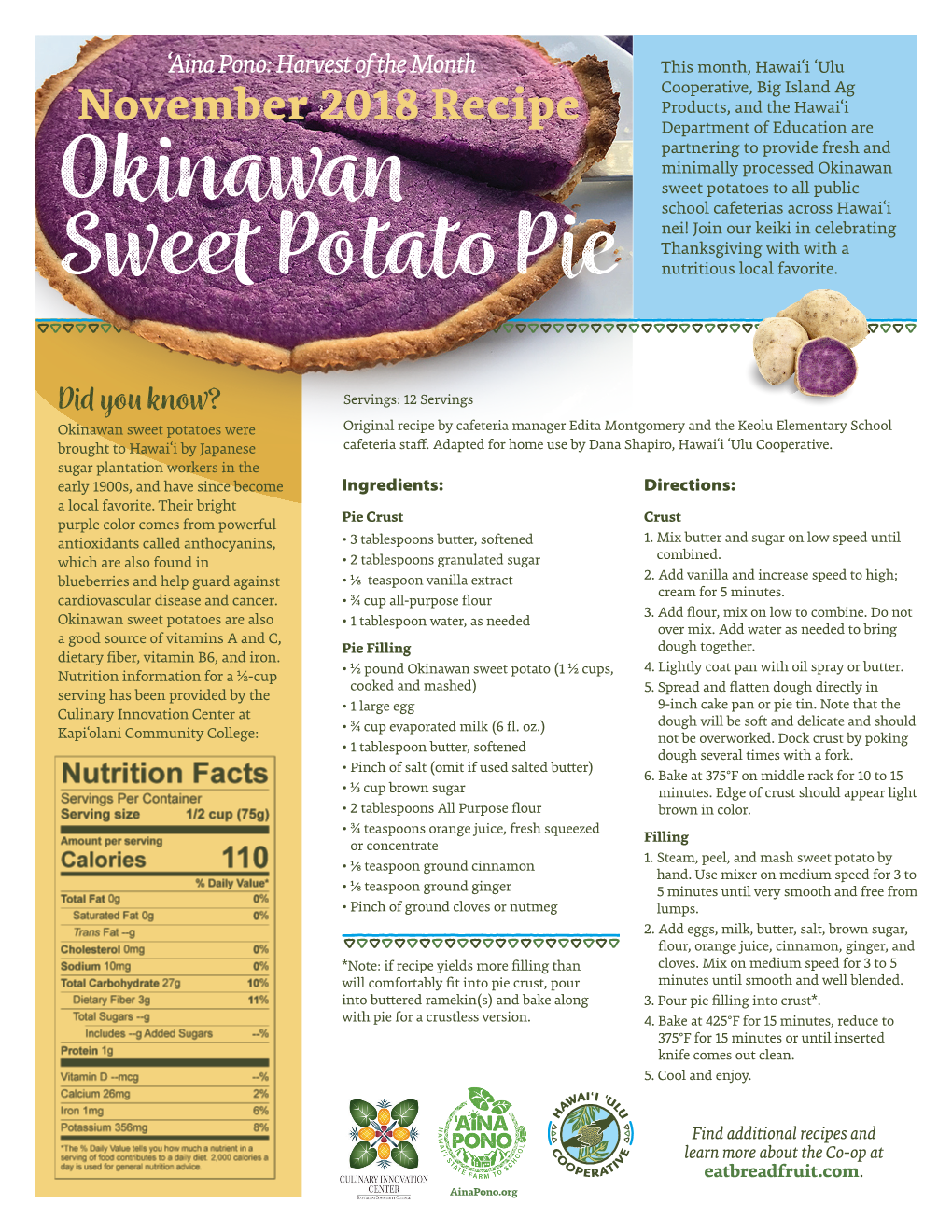 Okinawan Sweet Potatoes to All Public School Cafeterias Across Hawai‘I Nei! Join Our Keiki in Celebrating Thanksgiving with with a Okinawan Nutritious Local Favorite