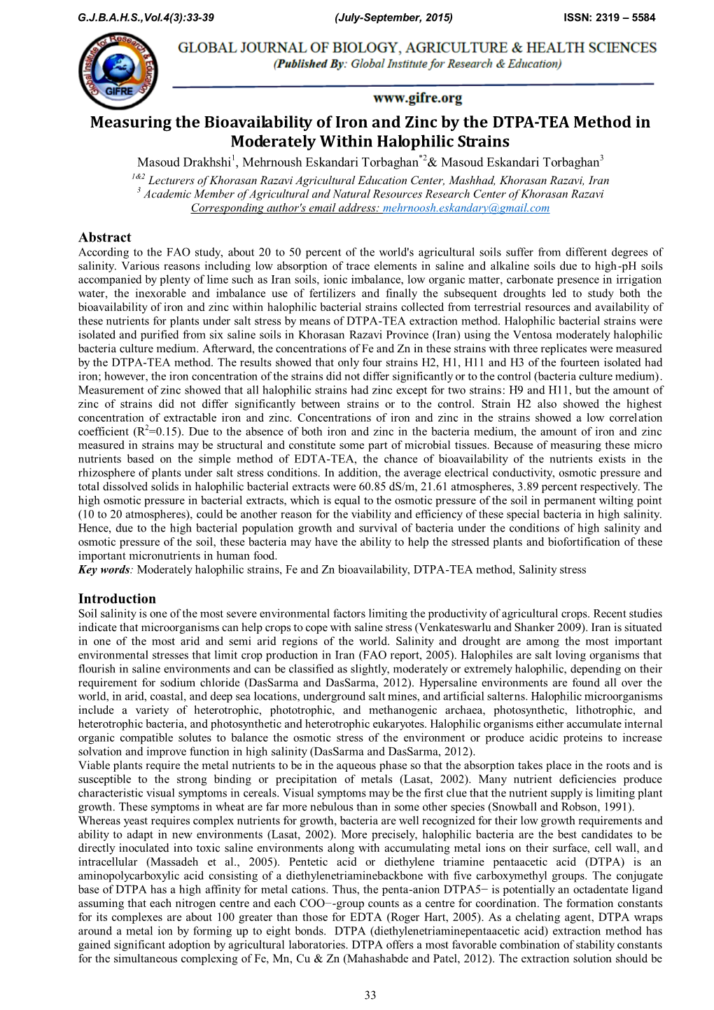 Measuring the Bioavailability of Iron and Zinc by the DTPA-TEA Method