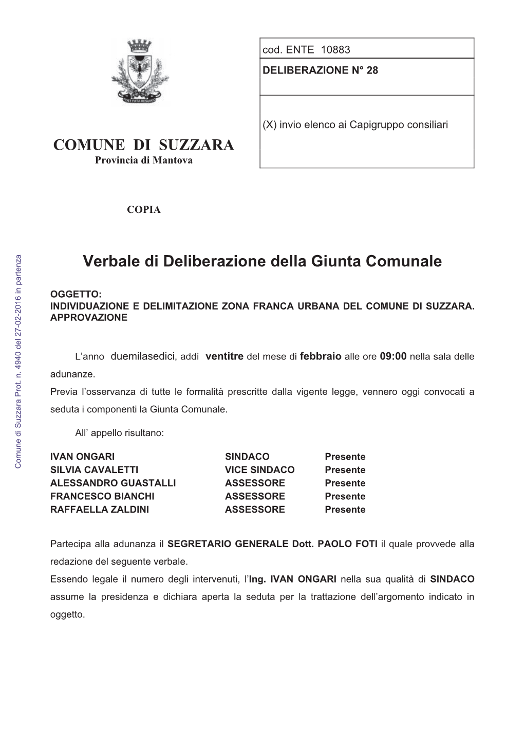 COMUNE DI SUZZARA Verbale Di Deliberazione Della Giunta Comunale