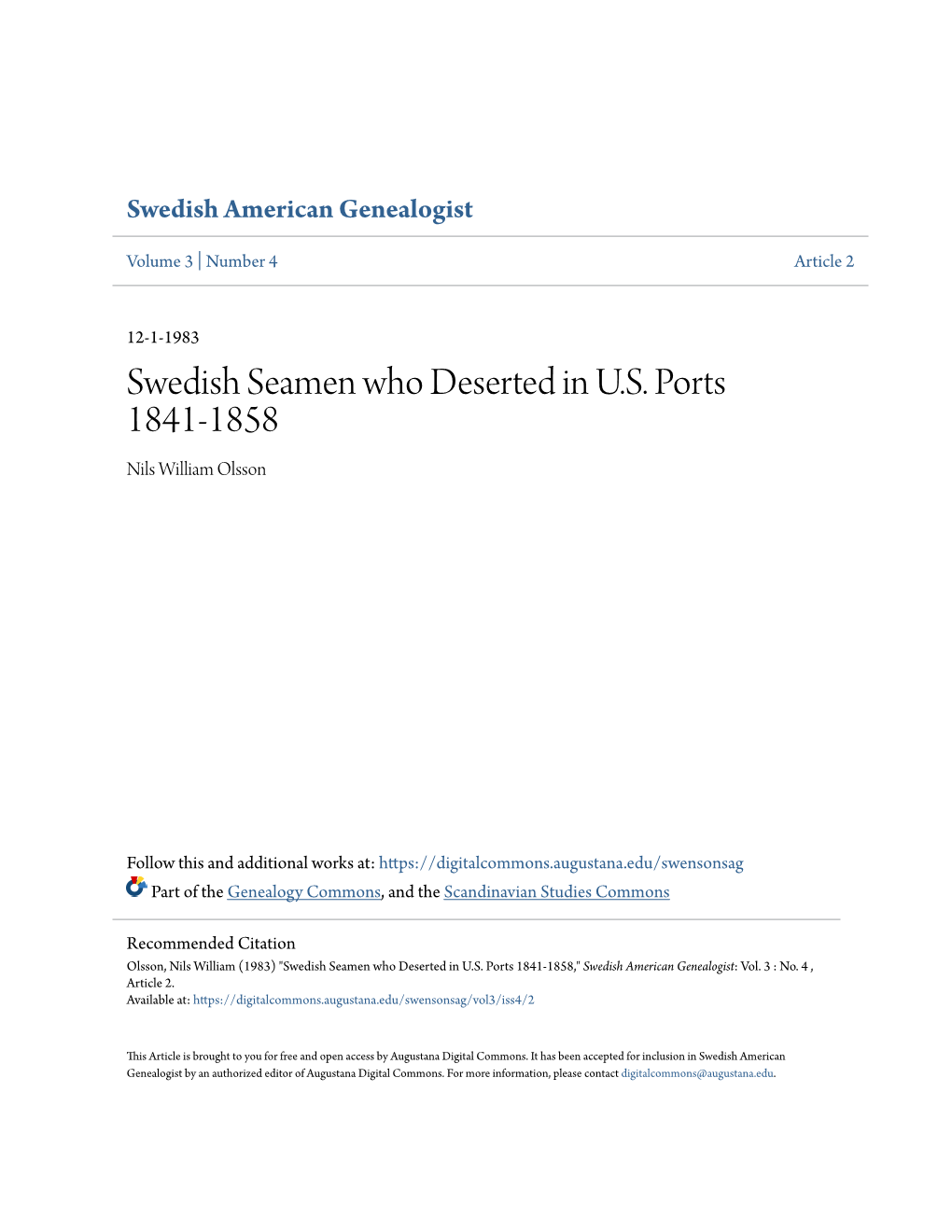 Swedish Seamen Who Deserted in U.S. Ports 1841-1858 Nils William Olsson