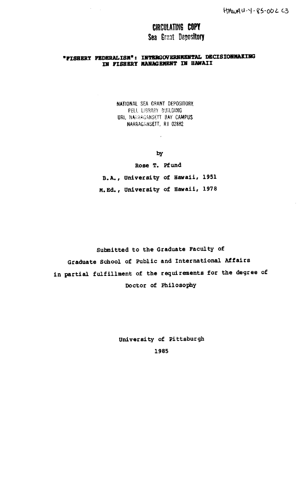 Complete Document / HAWAU-Y-85-002