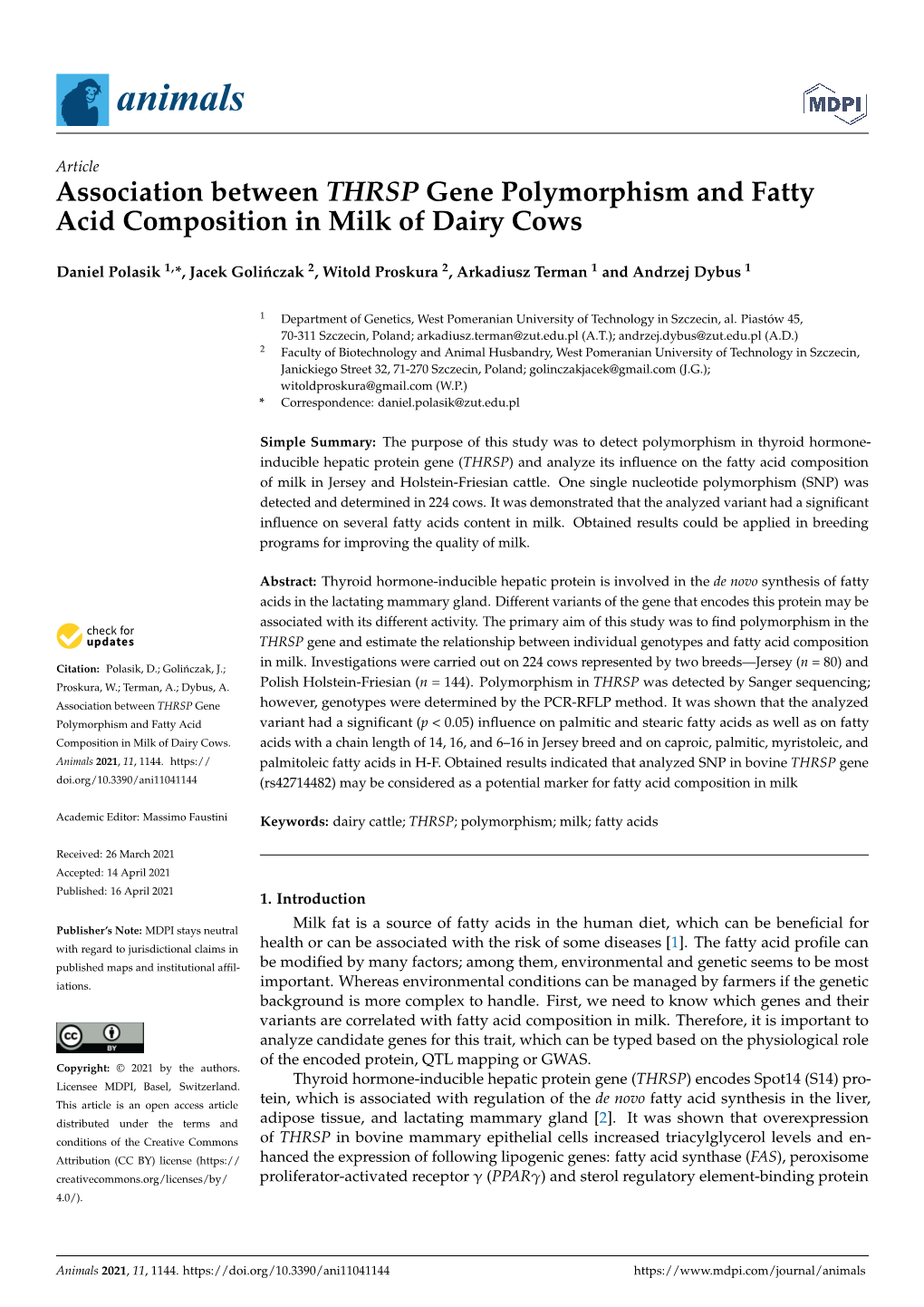 Association Between THRSP Gene Polymorphism and Fatty Acid Composition in Milk of Dairy Cows