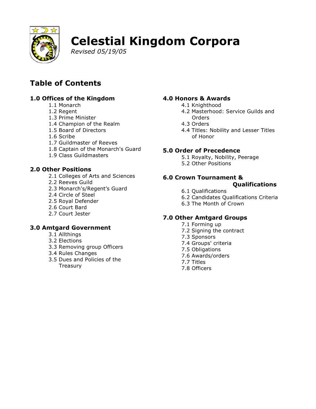 Celestial Kingdom Corpora Revised 05/19/05