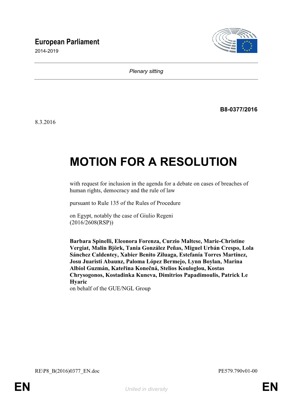 En En Motion for a Resolution