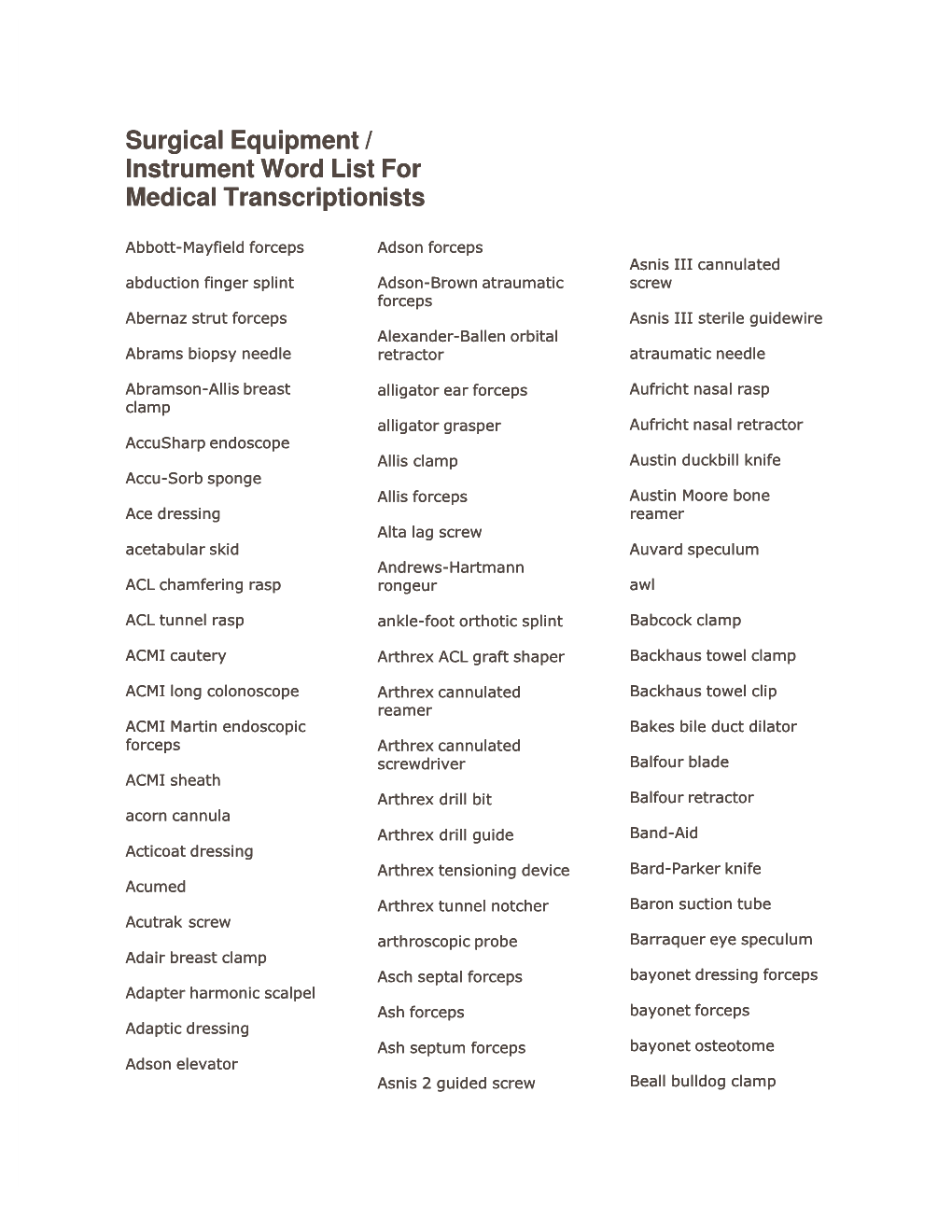 Surgical Equipment / Instrument Word List for Medical Transcriptionists