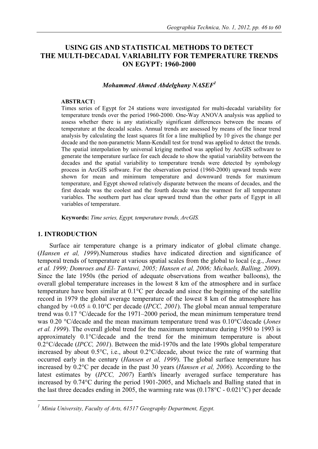 Using Gis and Statistical Methods to Detect the Multi-Decadal Variability for Temperature Trends on Egypt: 1960-2000