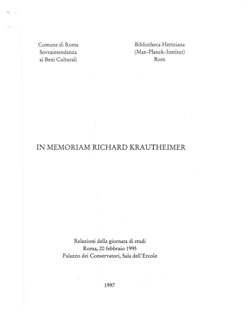 In Memoriam Richard Krautheimer