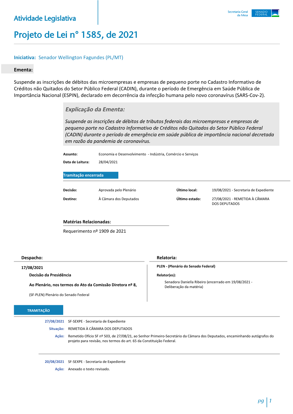 Atividade Legislativa Projeto De Lei N° 1585, De 2021