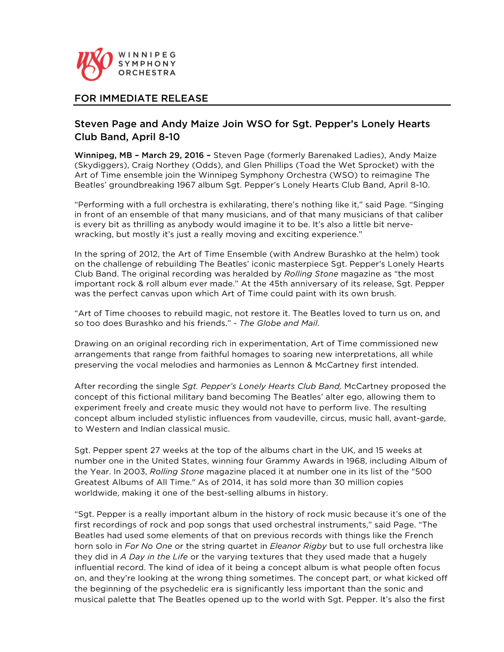 FOR IMMEDIATE RELEASE Steven Page and Andy Maize Join WSO For