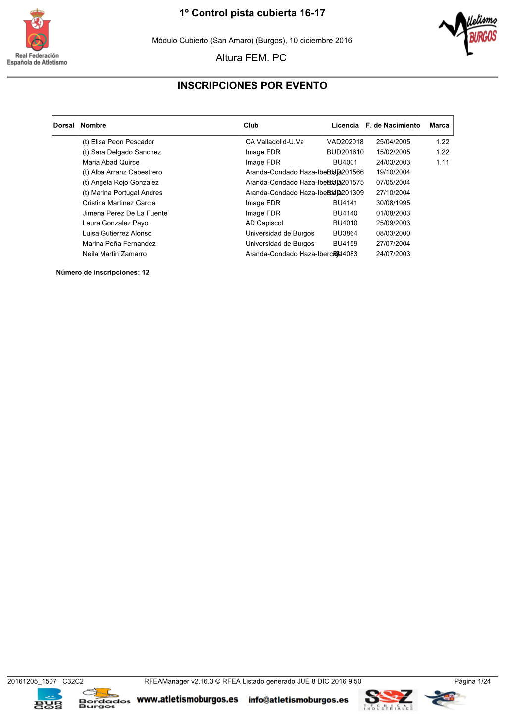 1º Control Pista Cubierta 16-17 Altura FEM. PC INSCRIPCIONES POR