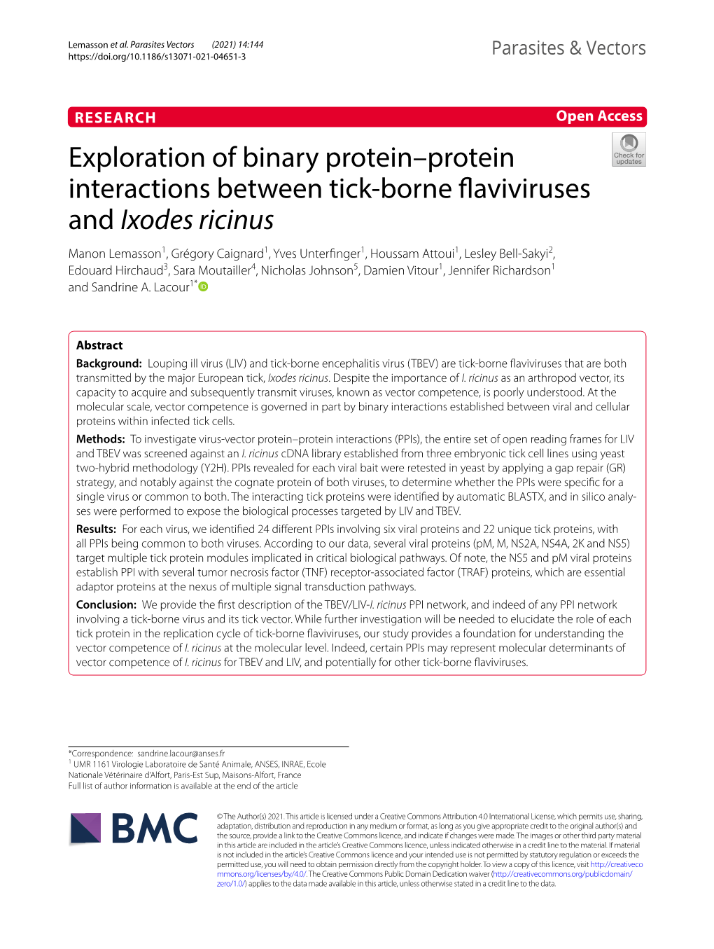 Exploration of Binary Protein–Protein Interactions Between Tick-Borne Flaviviruses and Ixodes Ricinus