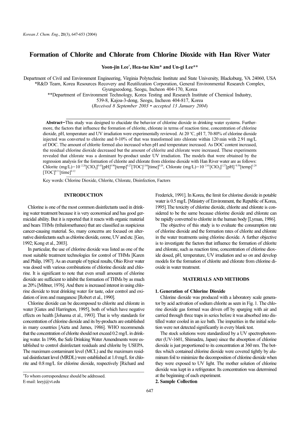 Formation of Chlorite and Chlorate from Chlorine Dioxide with Han River Water