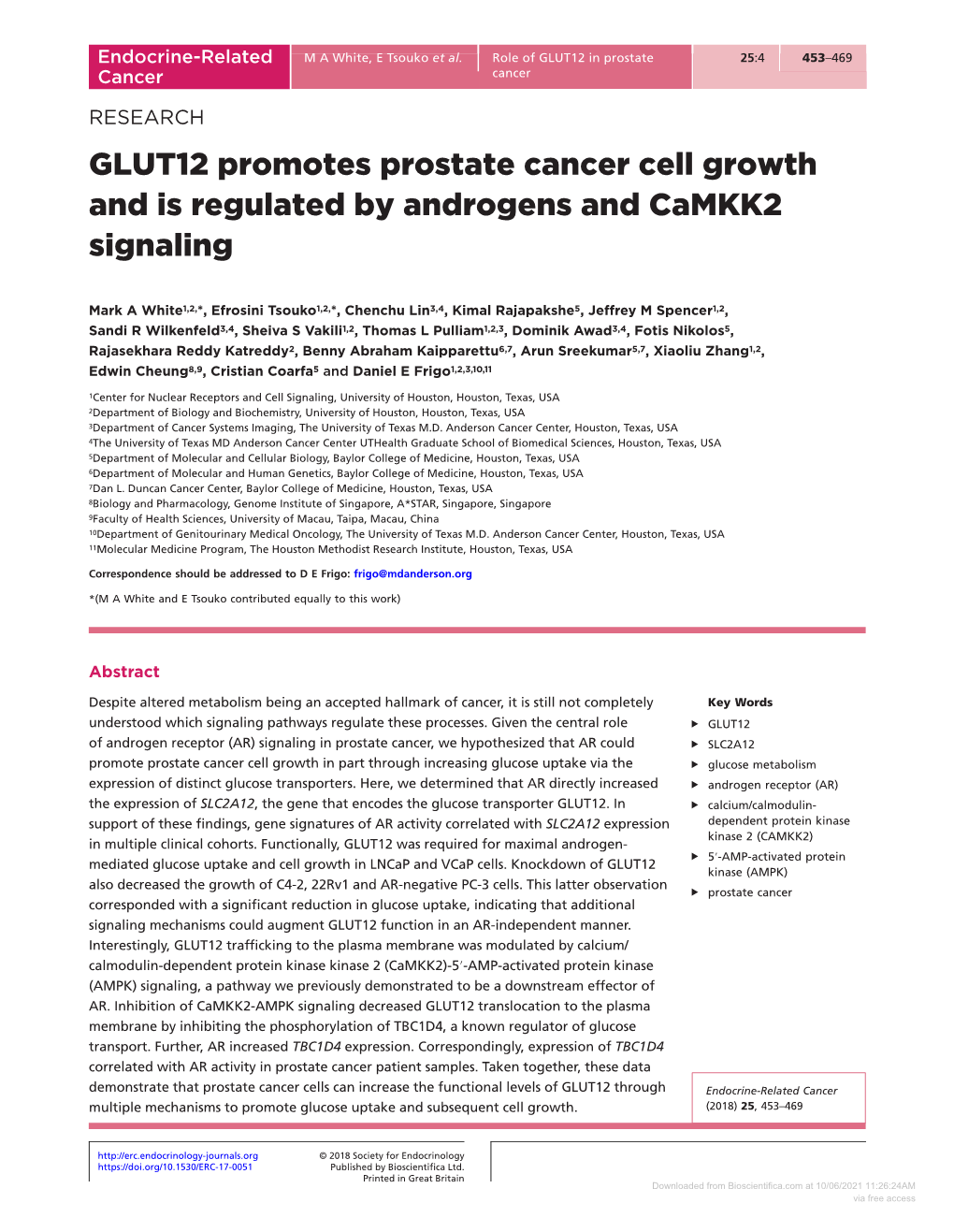GLUT12 Promotes Prostate Cancer Cell Growth and Is Regulated by Androgens and Camkk2 Signaling