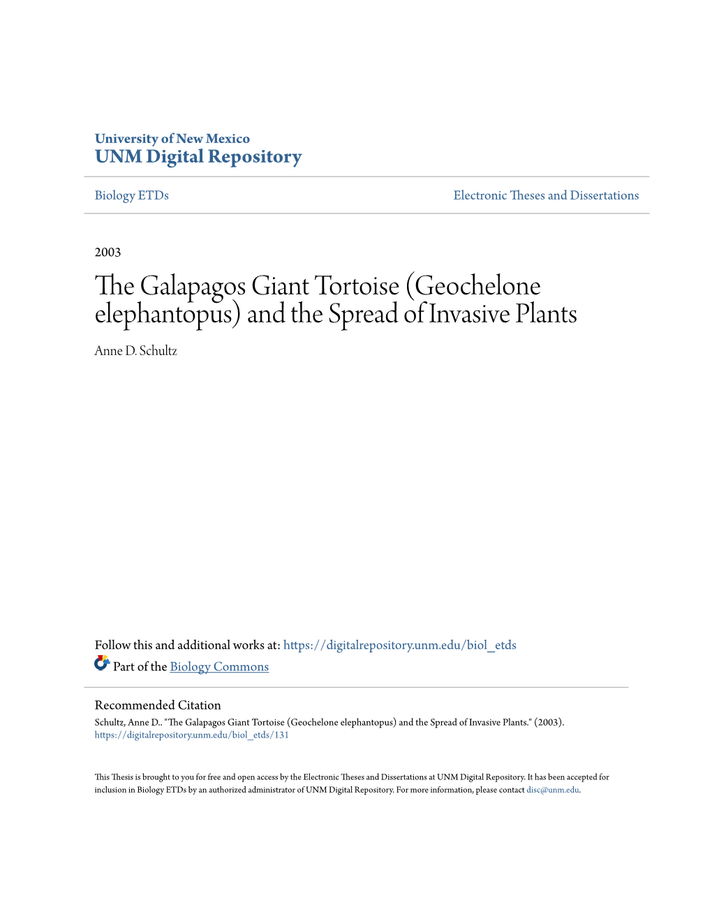 The Galapagos Giant Tortoise (Geochelone Elephantopus) and the Spread of Invasive Plants