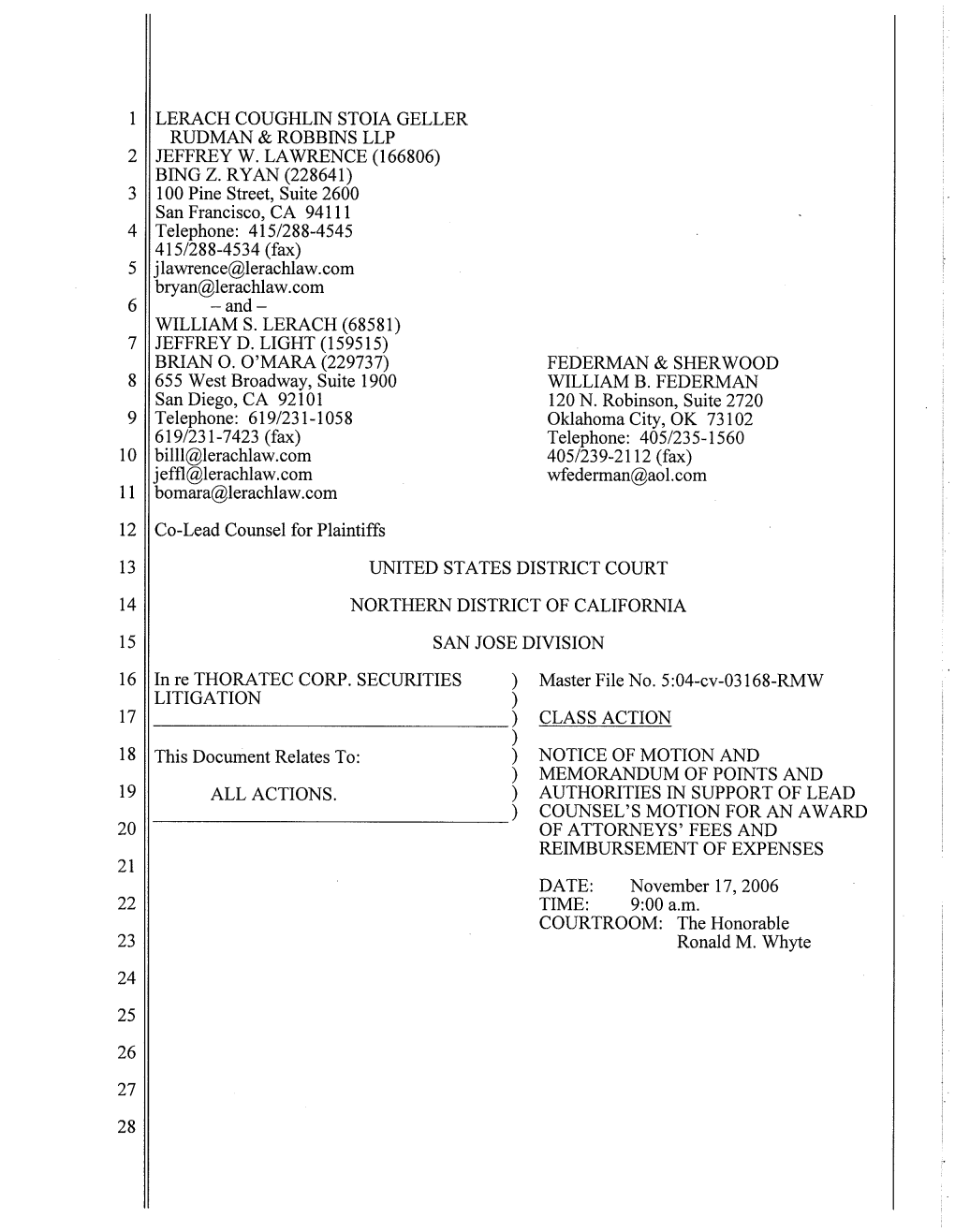 In Re: Thoratec Corporation Securities Litigation 04-CV-3168-Notice Of