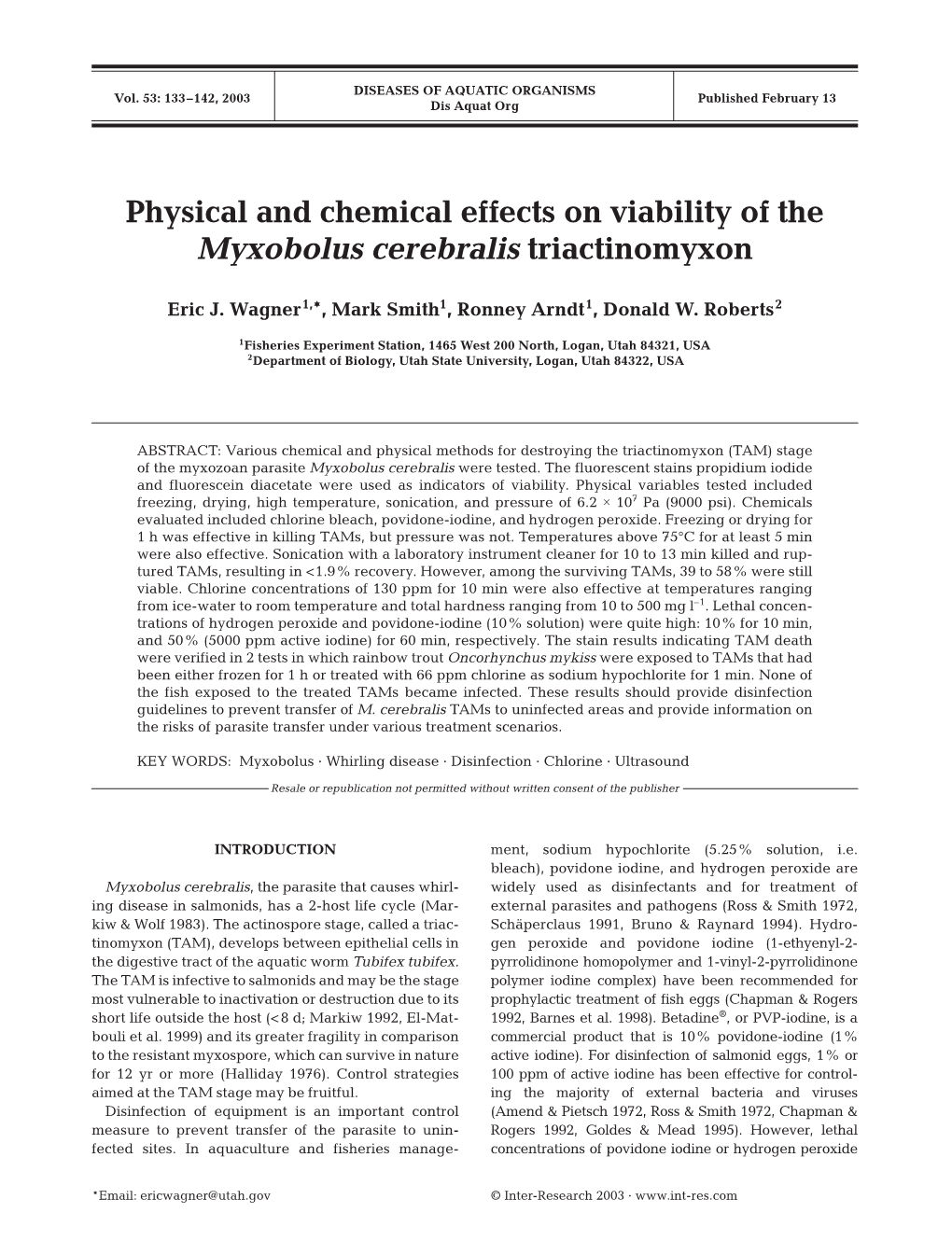 Physical and Chemical Effects on Viability of the Myxobolus Cerebralis Triactinomyxon