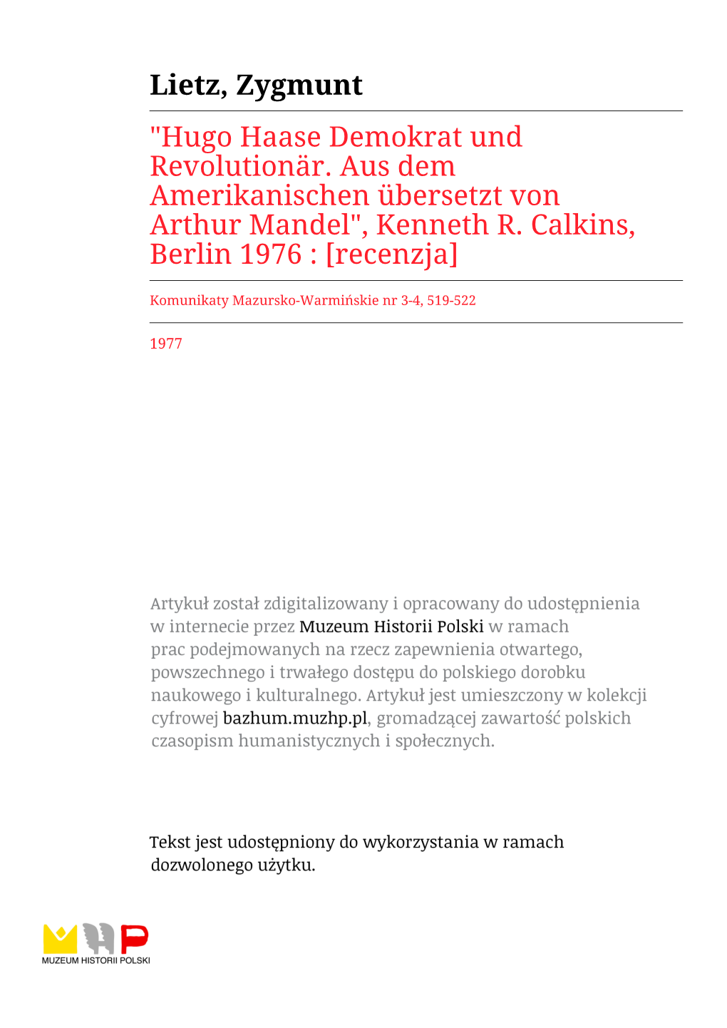 Kenneth R. Calkins, Berlin 1976 : [Recenzja]