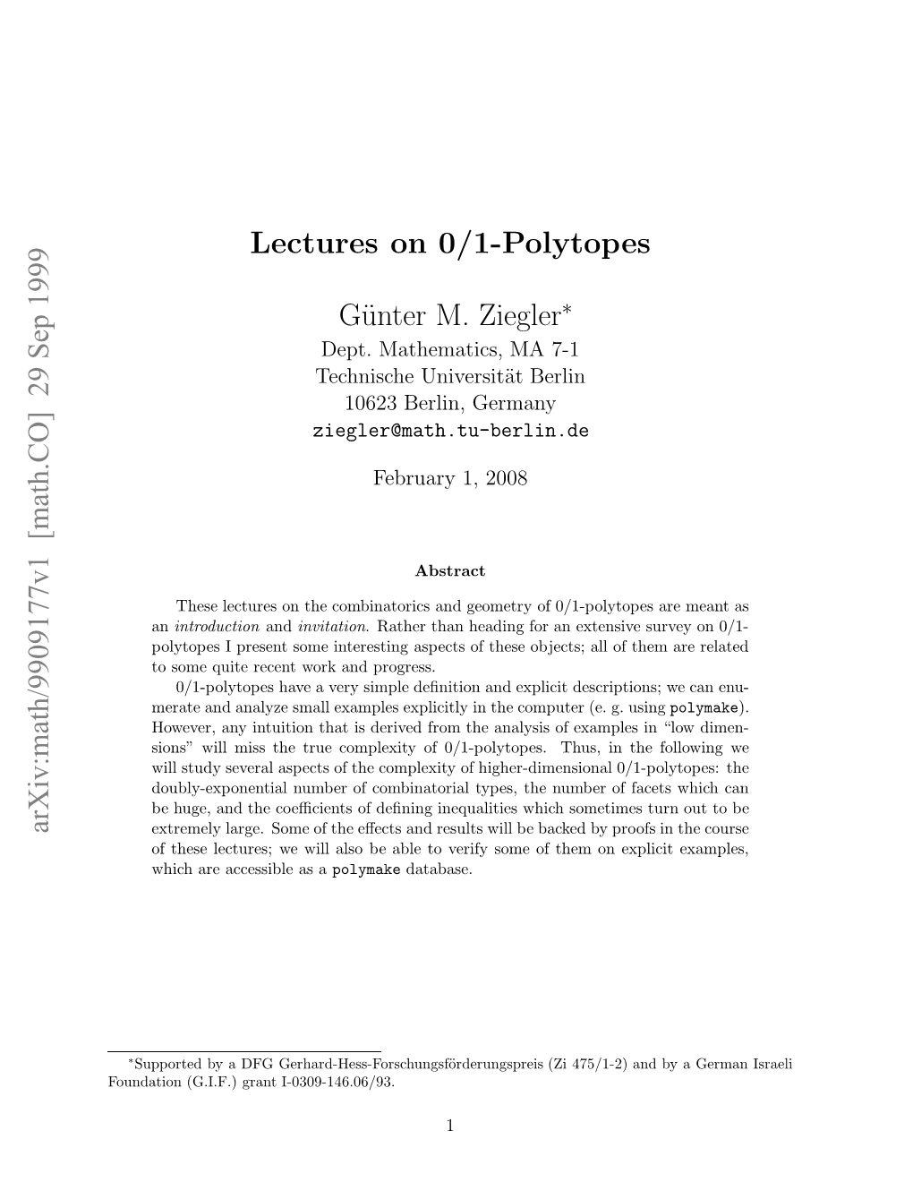 Lectures on 0/1-Polytopes Günter M. Ziegler