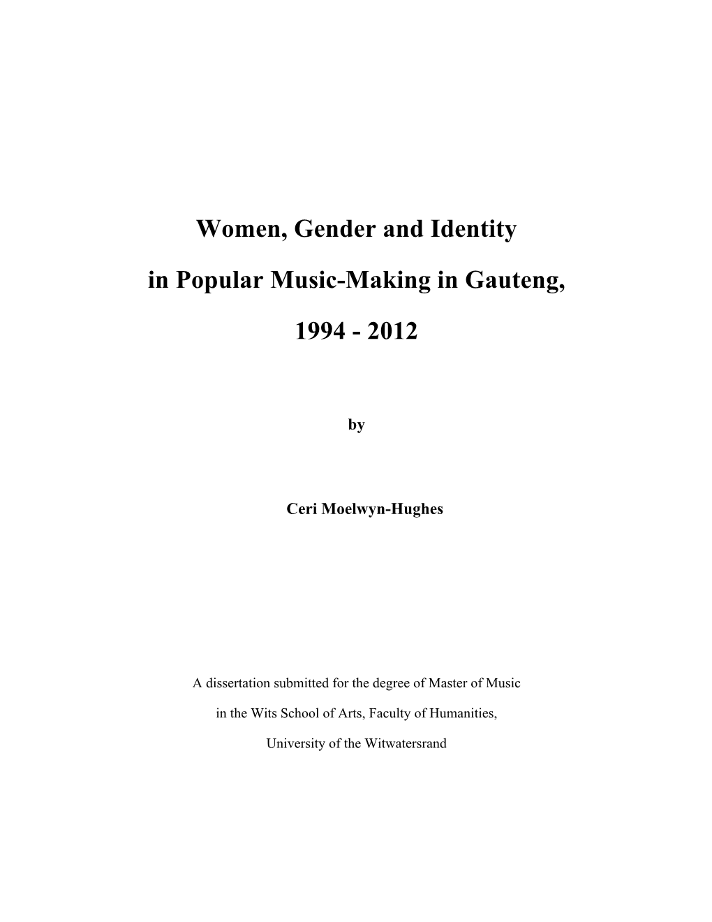 Women, Gender and Identity in Popular Music-Making in Gauteng