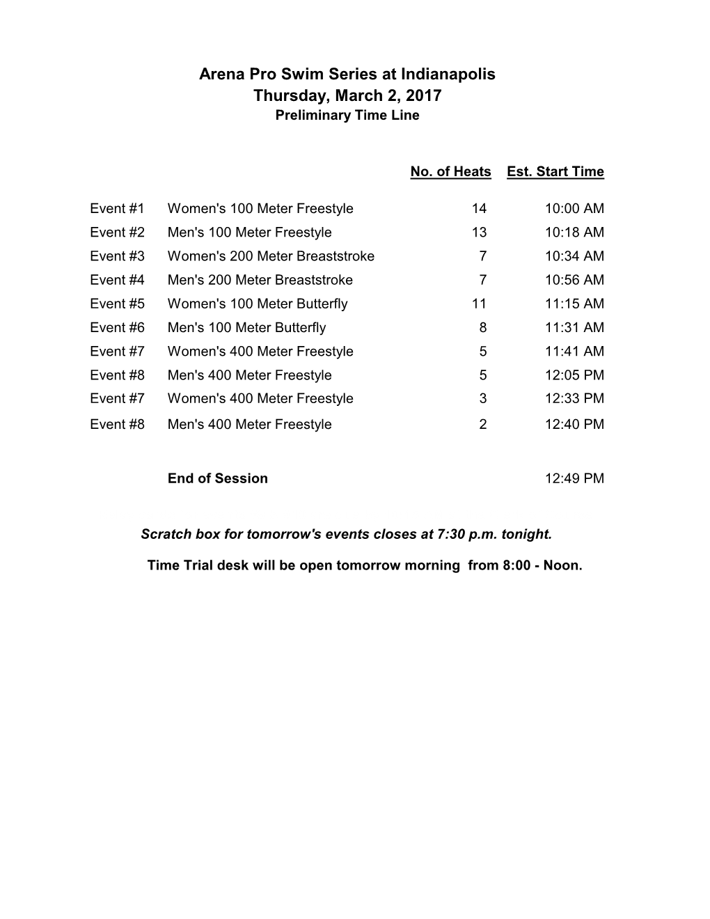 Arena Pro Swim Series at Indianapolis Thursday, March 2, 2017 Preliminary Time Line