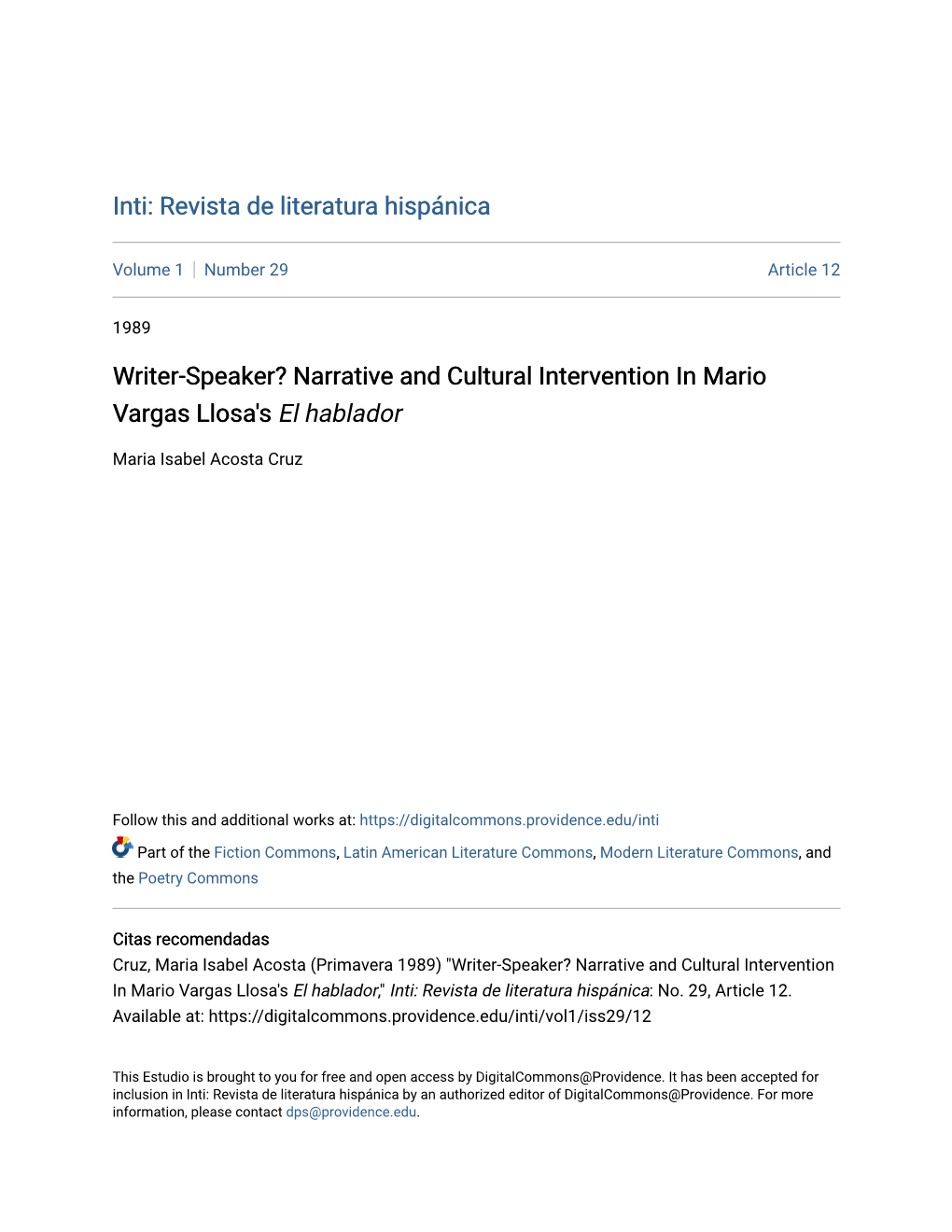 Narrative and Cultural Intervention in Mario Vargas Llosa's El Hablador