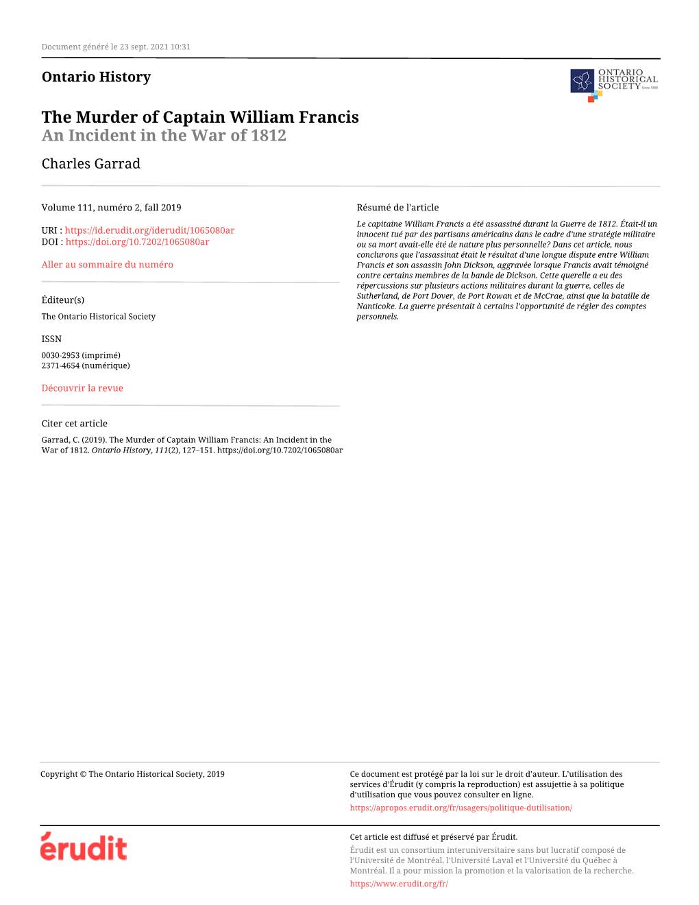 The Murder of Captain William Francis: an Incident in the War of 1812