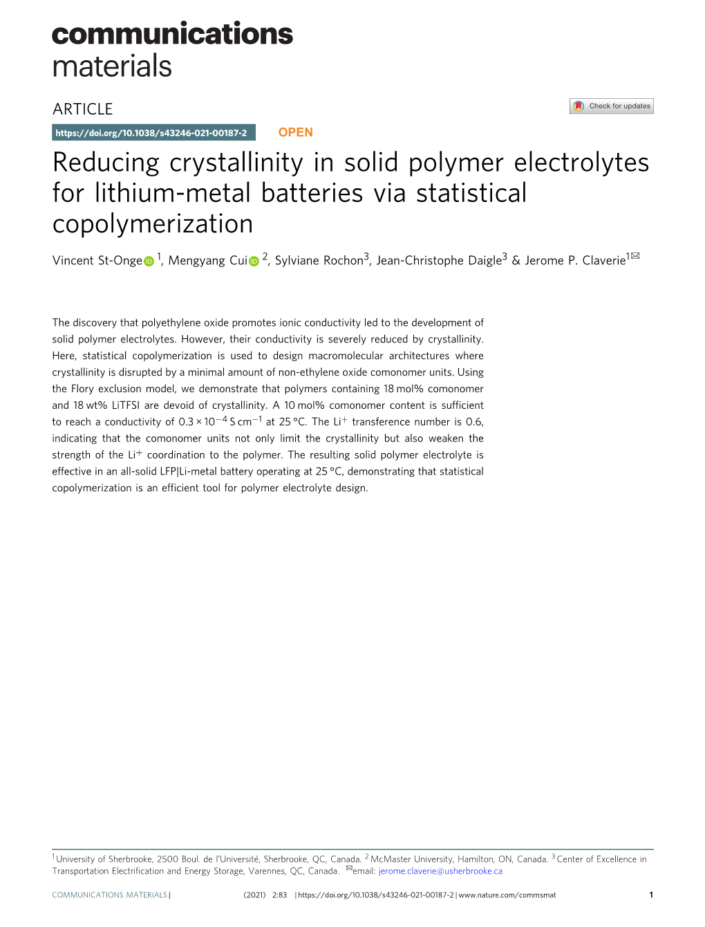 Reducing Crystallinity in Solid Polymer Electrolytes for Lithium-Metal