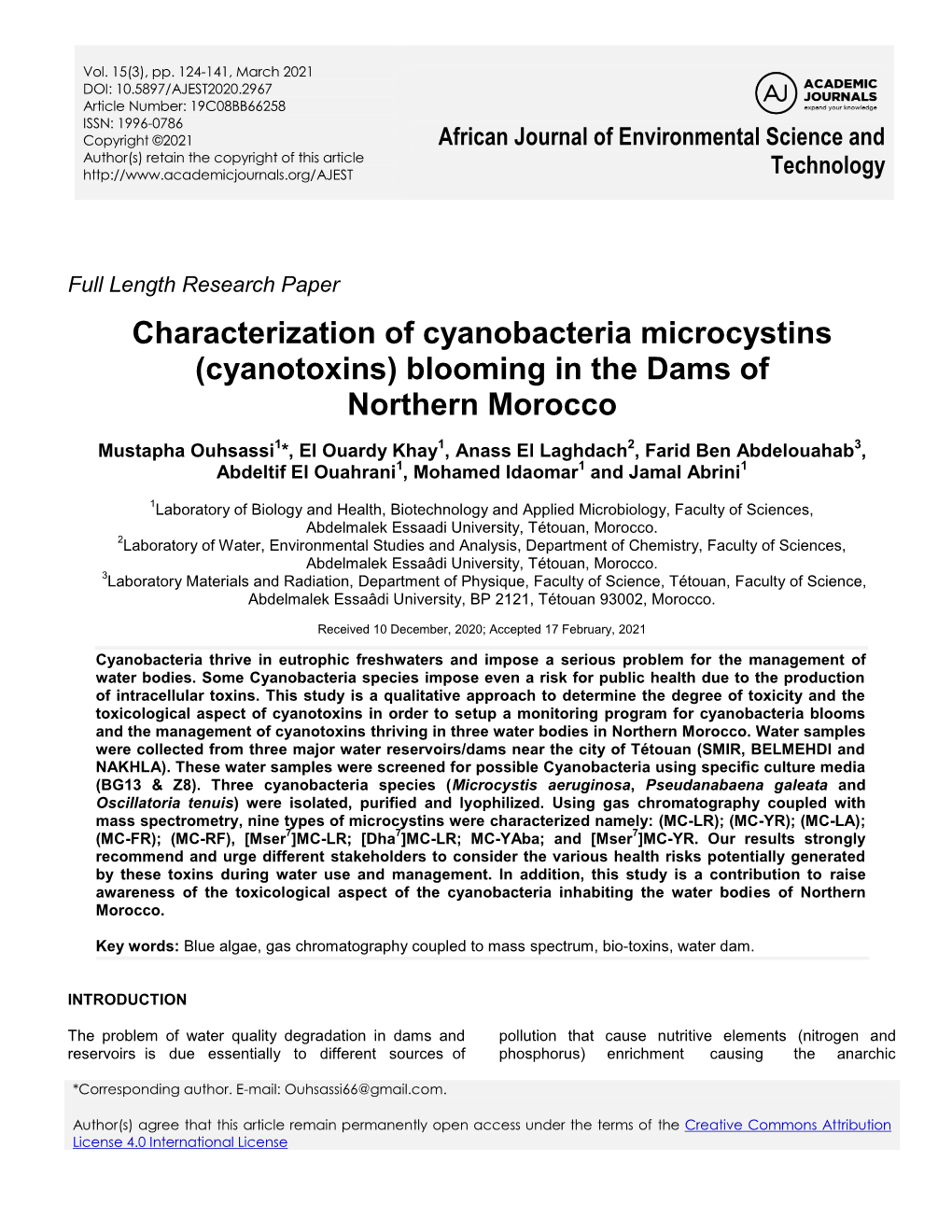 Characterization of Cyanobacteria Microcystins (Cyanotoxins) Blooming in the Dams of Northern Morocco