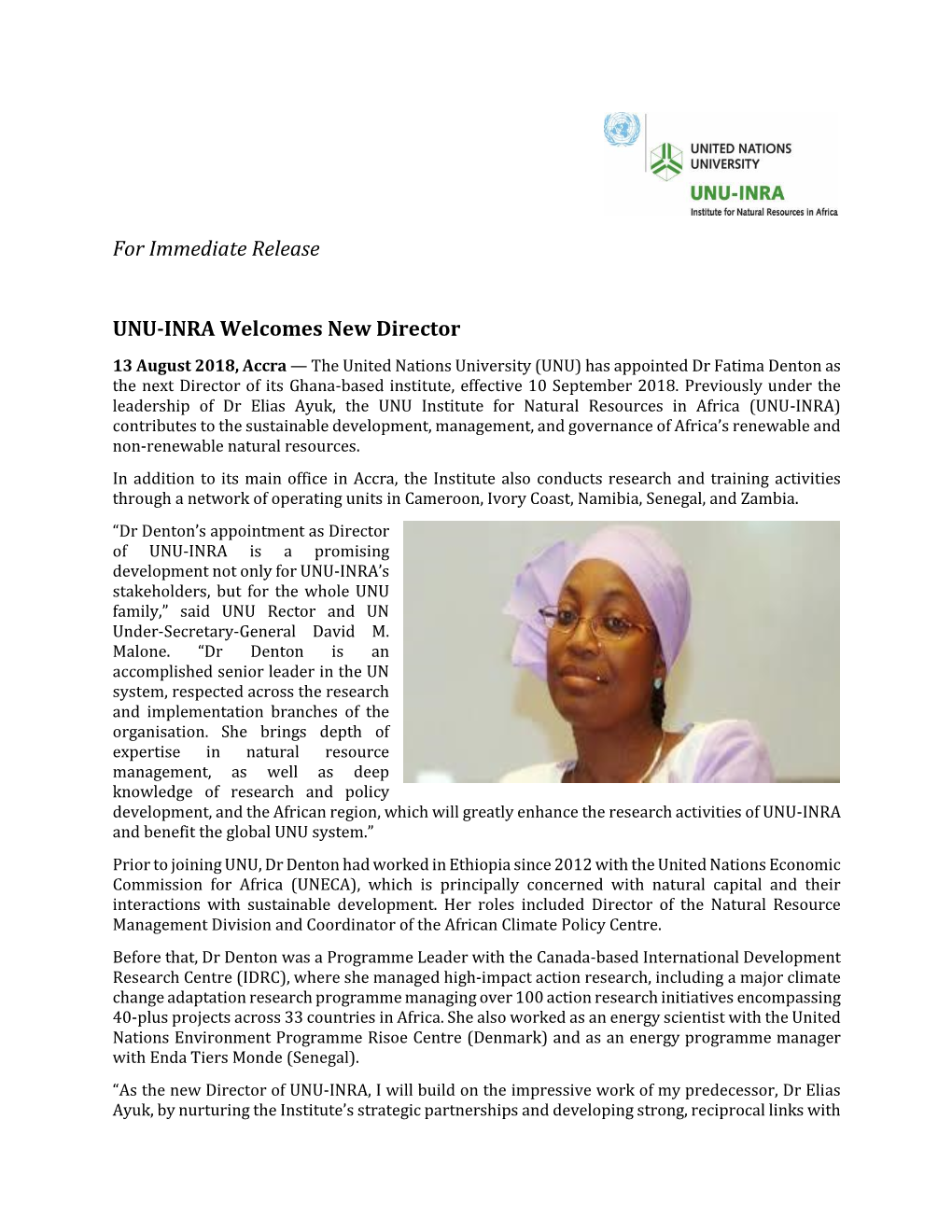 For Immediate Release UNU-INRA Welcomes New Director