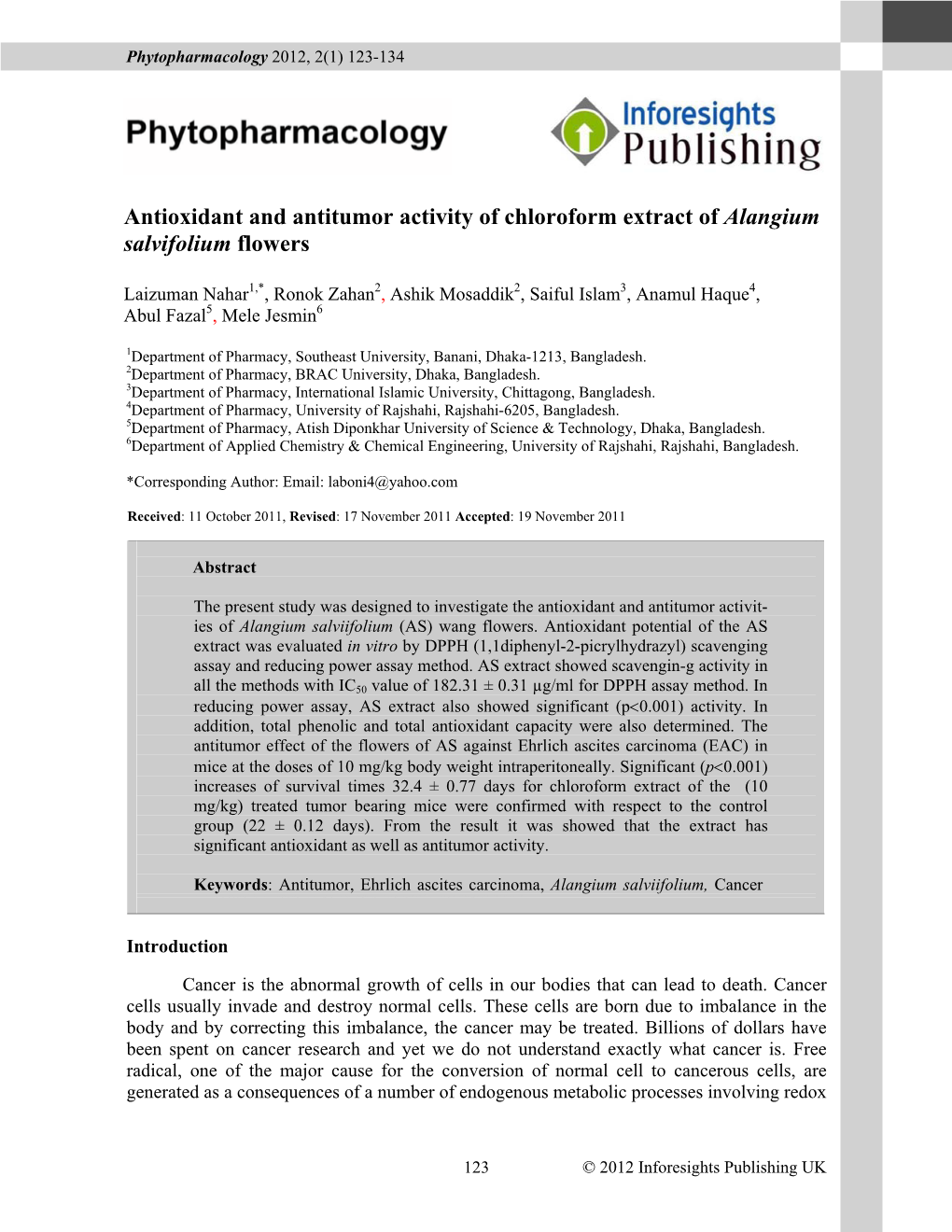 Antioxidant and Antitumor Activity of Chloroform Extract of Alangium Salvifolium Flowers